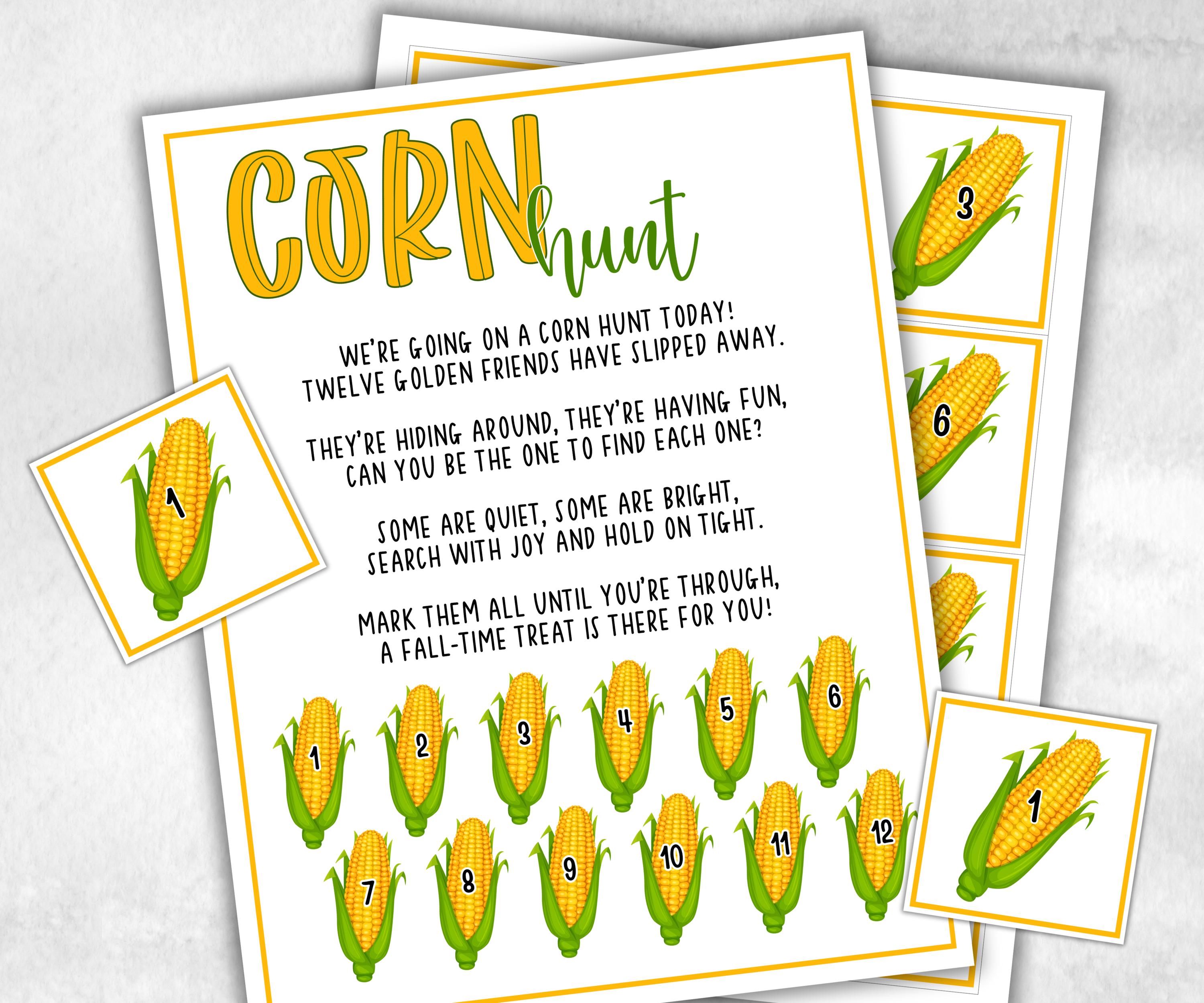 Corn scavenger hunt game, fall harvest hunt, thanksgiving games, autumn home hunt, fall neighborhood, family game night, treasure hunt clues-Thanksgiving -TheHustlingCatLady-Party Games