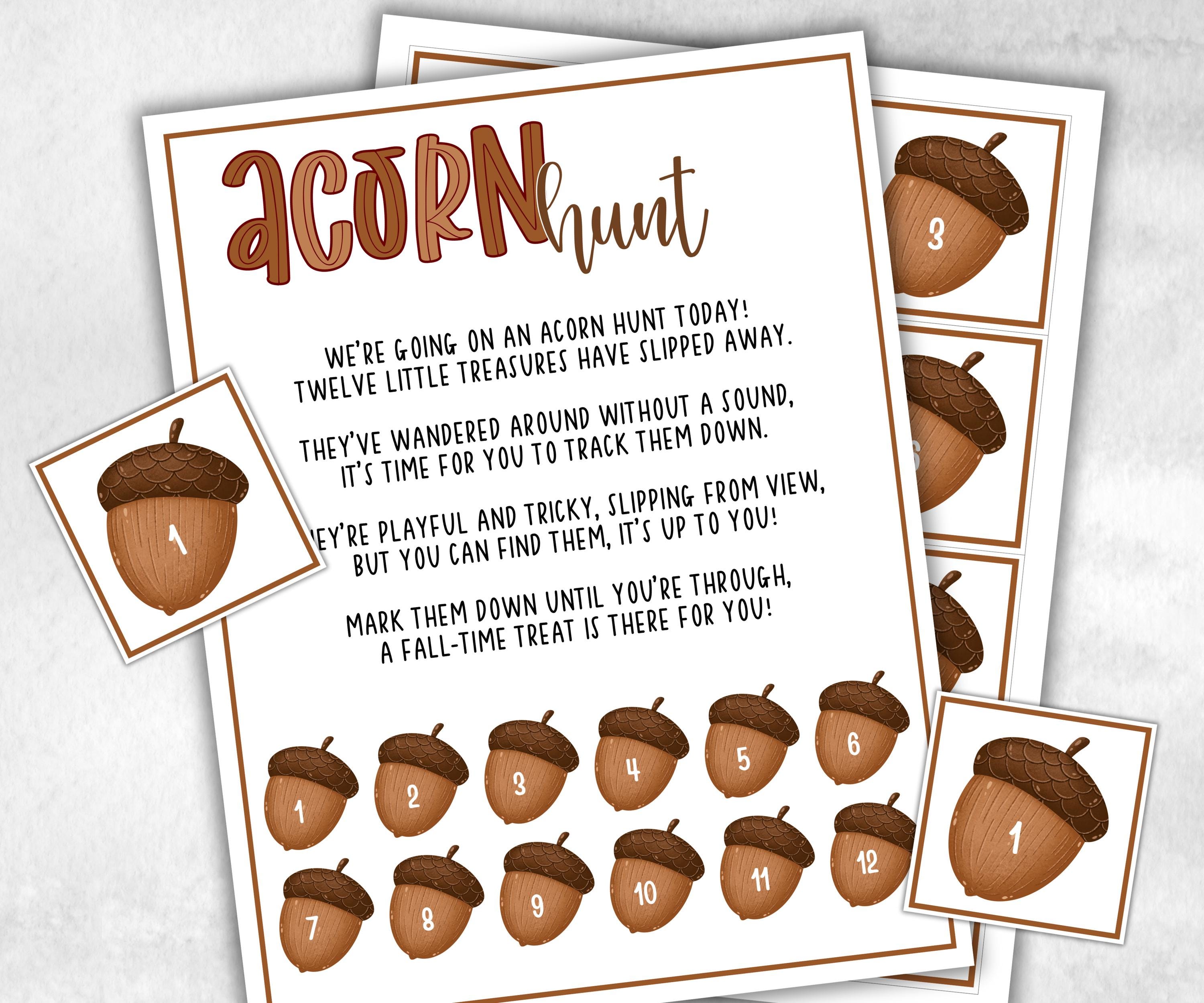 Acorn scavenger hunt game, fall harvest hunt, thanksgiving games, autumn home hunt, fall neighborhood, family game night, treasure hunt clue-Thanksgiving -TheHustlingCatLady-Party Games