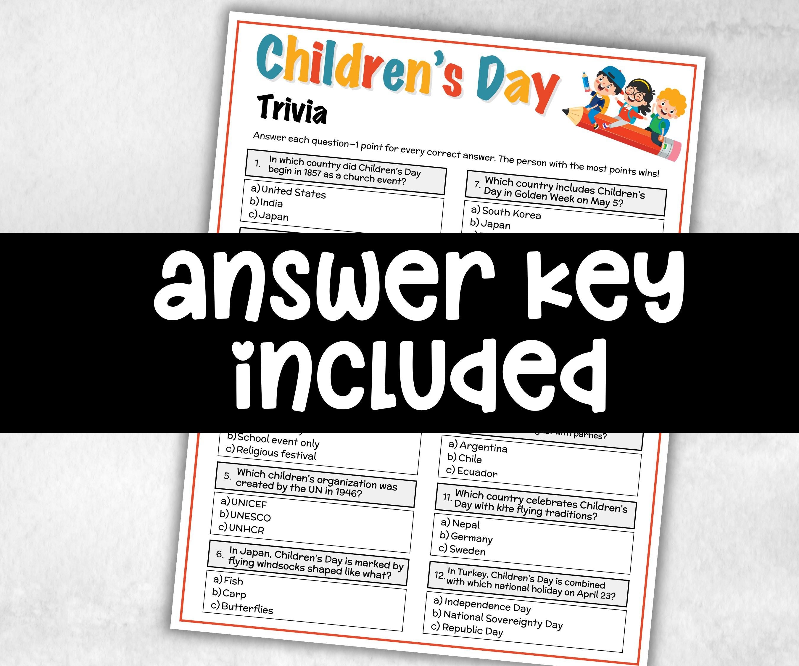 Printable Children's Day Trivia, Gift Bag, teacher quiz, kids party ideas, celebration group games, home activity, seniors trivia quiz-Holidays -TheHustlingCatLady-Party Games