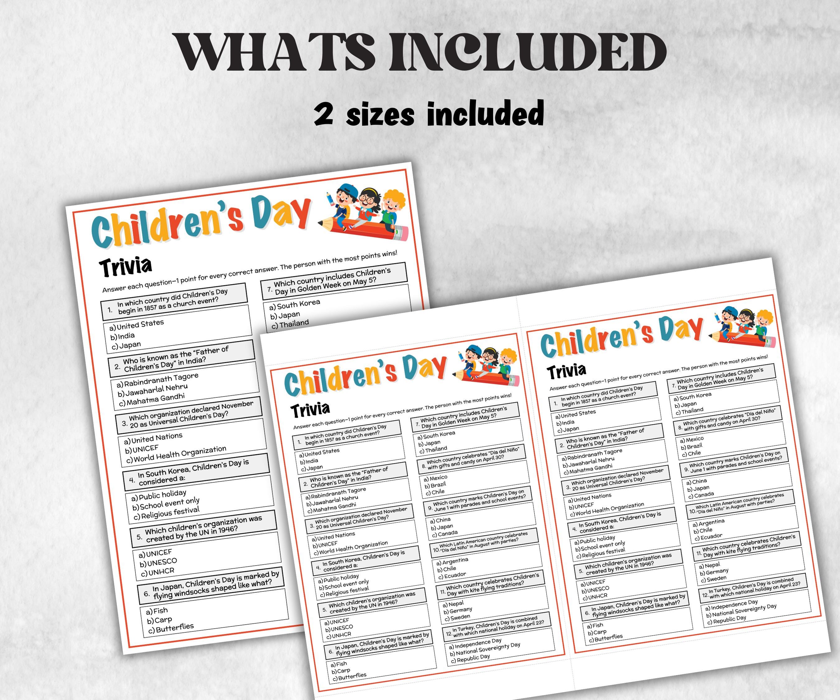 Printable Children's Day Trivia, Gift Bag, teacher quiz, kids party ideas, celebration group games, home activity, seniors trivia quiz-Holidays -TheHustlingCatLady-Party Games