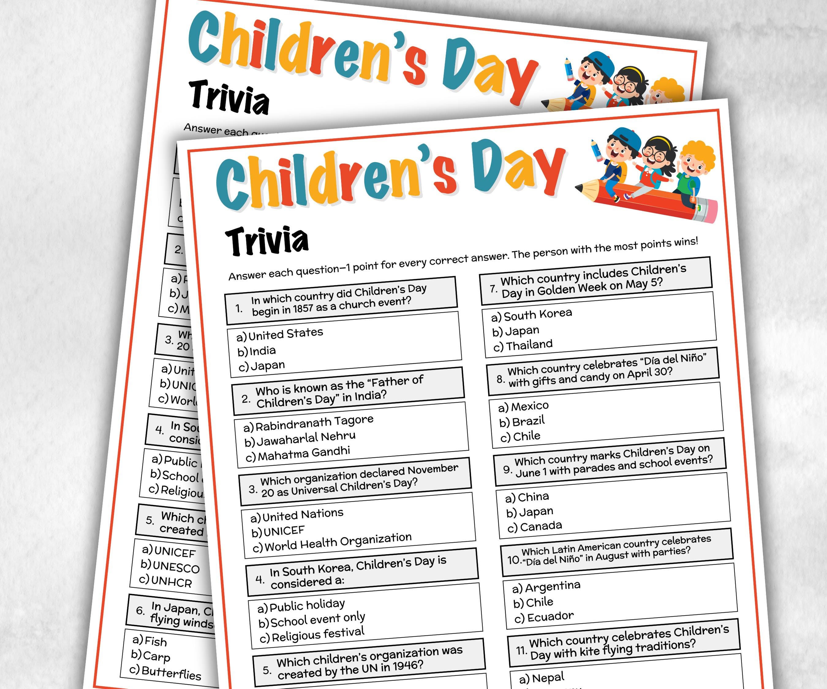Printable Children's Day Trivia, Gift Bag, teacher quiz, kids party ideas, celebration group games, home activity, seniors trivia quiz-Holidays -TheHustlingCatLady-Party Games