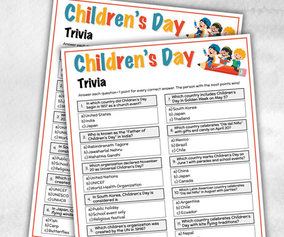 Printable Children's Day Trivia, Gift Bag, teacher quiz, kids party ideas, celebration group games, home activity, seniors trivia quiz-Holidays -TheHustlingCatLady-Party Games