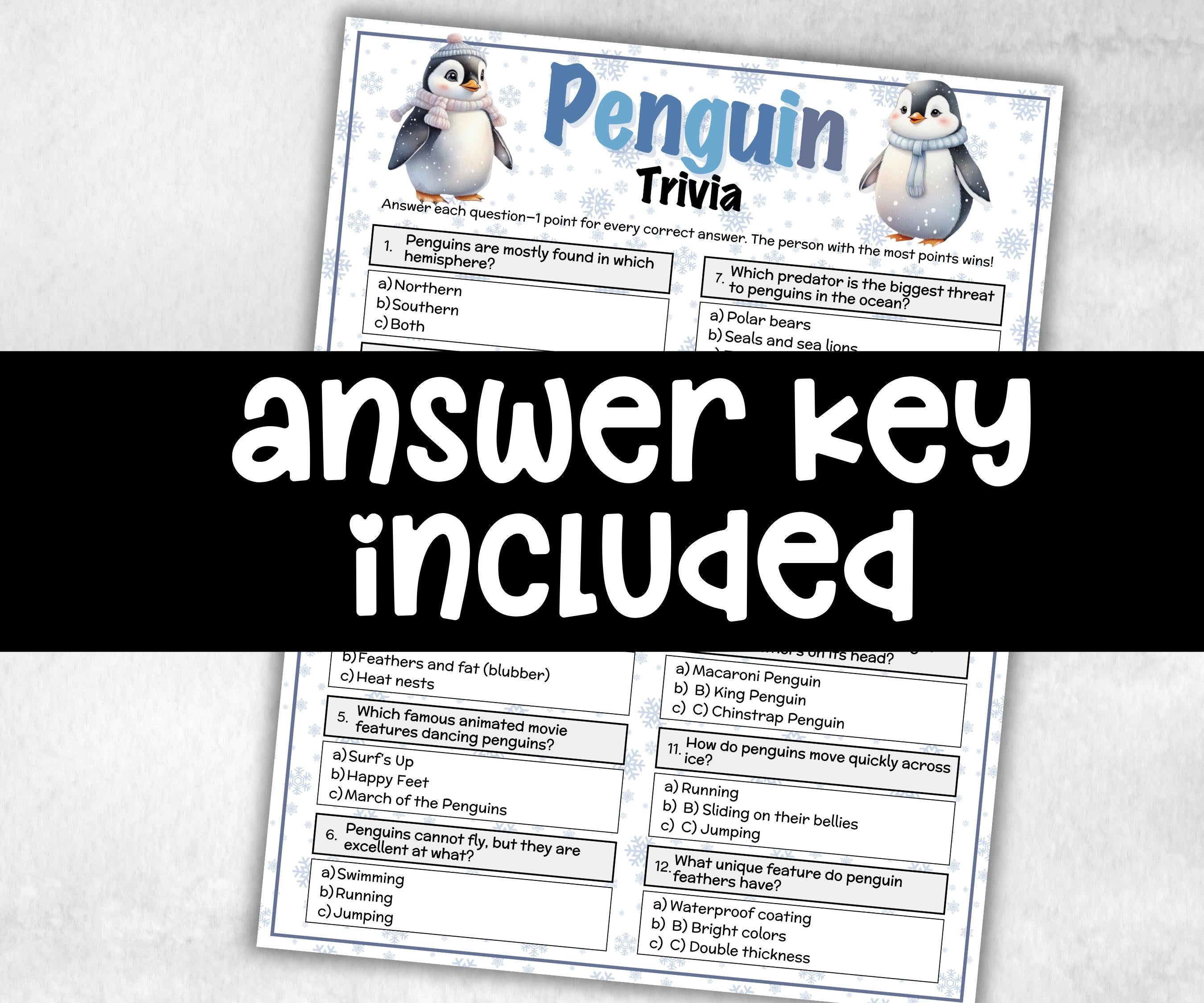 Printable Penguin Trivia, Gift Bag, xmas party idea, celebration group game, home activity, seniors trivia, winter rainy snow day,fundraiser-Christmas -TheHustlingCatLady-Party Games