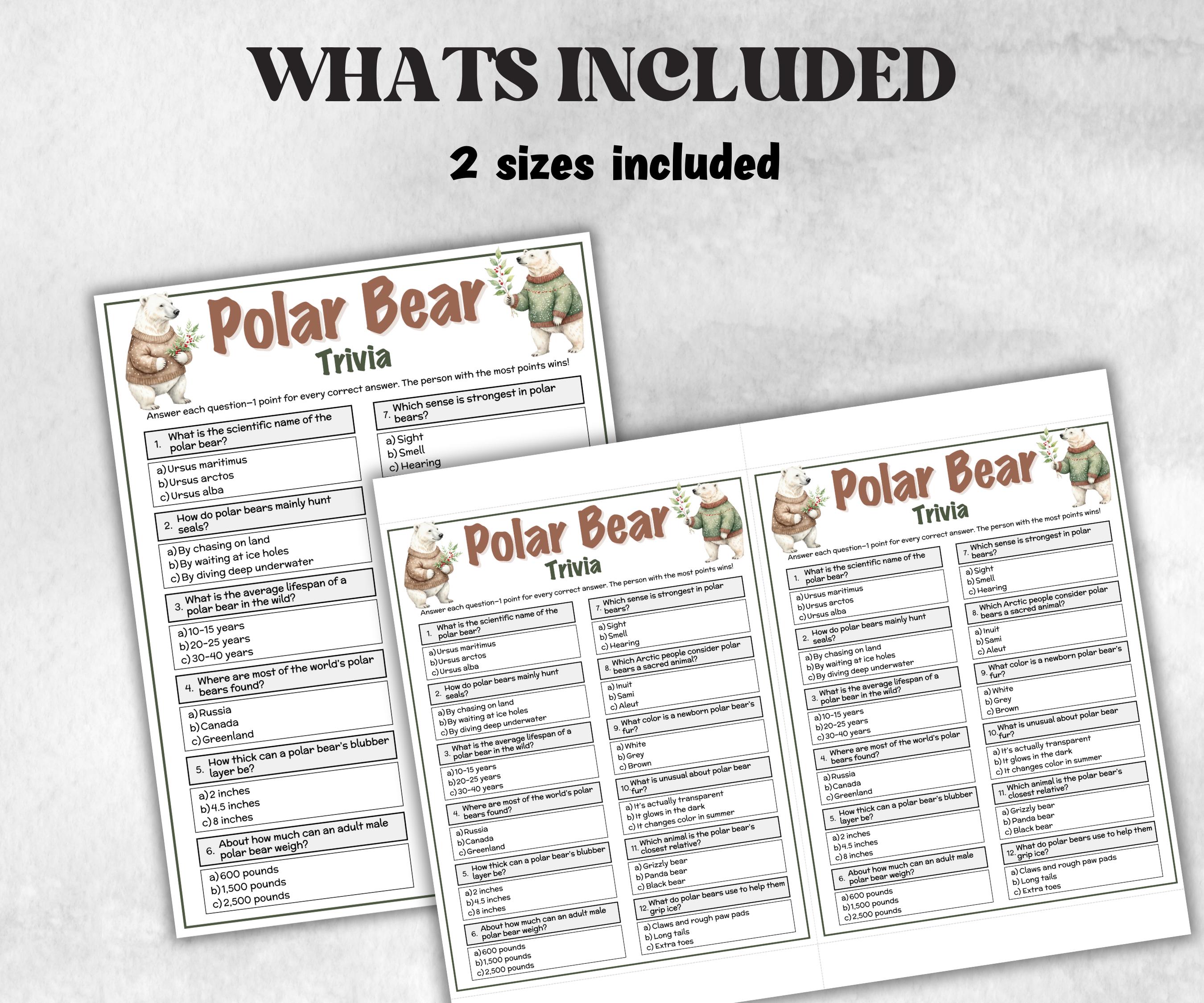 Printable Polar Bear Trivia, xmas party idea, celebration group game, home activity, seniors trivia, winter rainy snow day fundraiser game-Christmas -TheHustlingCatLady-Party Games