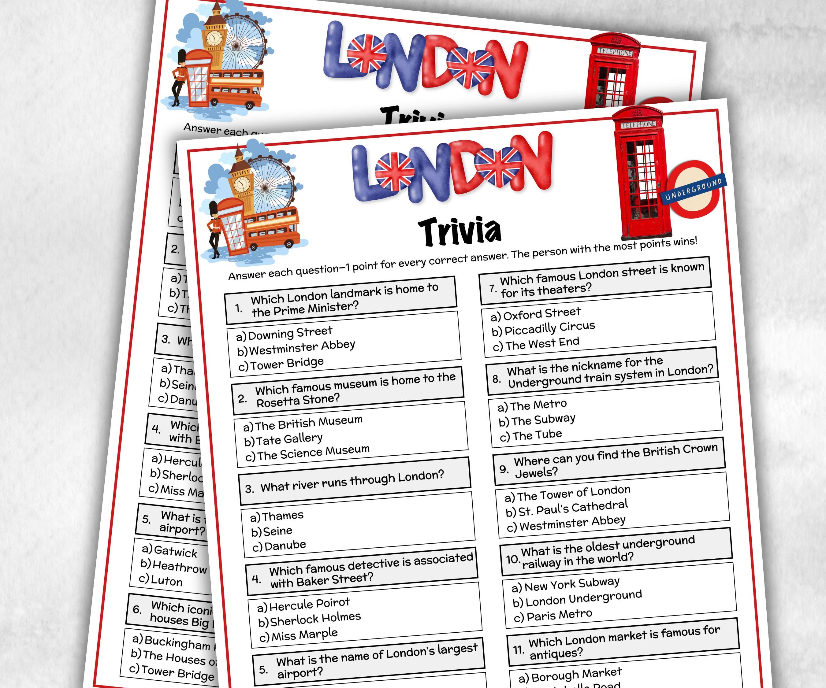 London Trivia Game, Family Game Night, London Landmarks, Pub Quiz Sheets, Family Quiz Night,Table Quiz, Fun Trivia Questions,Travel Vacation-Holidays -TheHustlingCatLady-Party Games