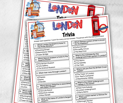 London Trivia Game, Family Game Night, London Landmarks, Pub Quiz Sheets, Family Quiz Night,Table Quiz, Fun Trivia Questions,Travel Vacation-Holidays -TheHustlingCatLady-Party Games