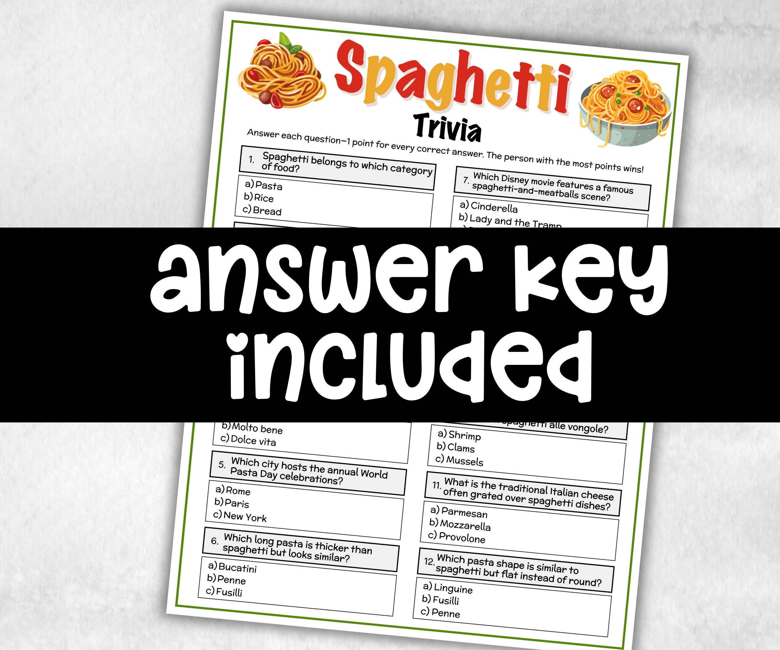 Spaghetti Food Trivia, Family Game Night, Italian Baby Shower, Pizza Pasta Dinner Party, Pasta Party, Games For Seniors, Italian Cooking-Holidays -TheHustlingCatLady-Party Games