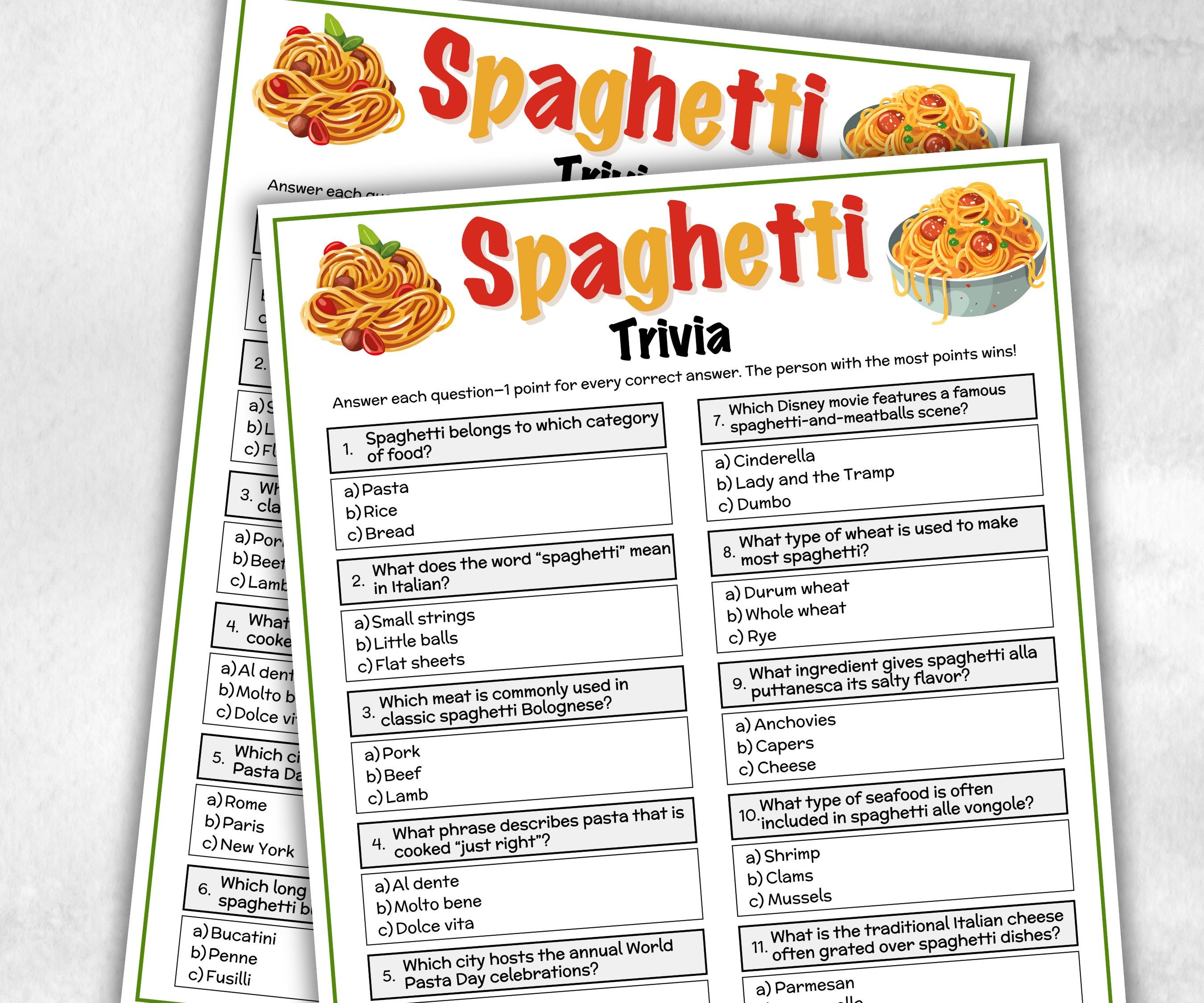 Spaghetti Food Trivia, Family Game Night, Italian Baby Shower, Pizza Pasta Dinner Party, Pasta Party, Games For Seniors, Italian Cooking-Holidays -TheHustlingCatLady-Party Games
