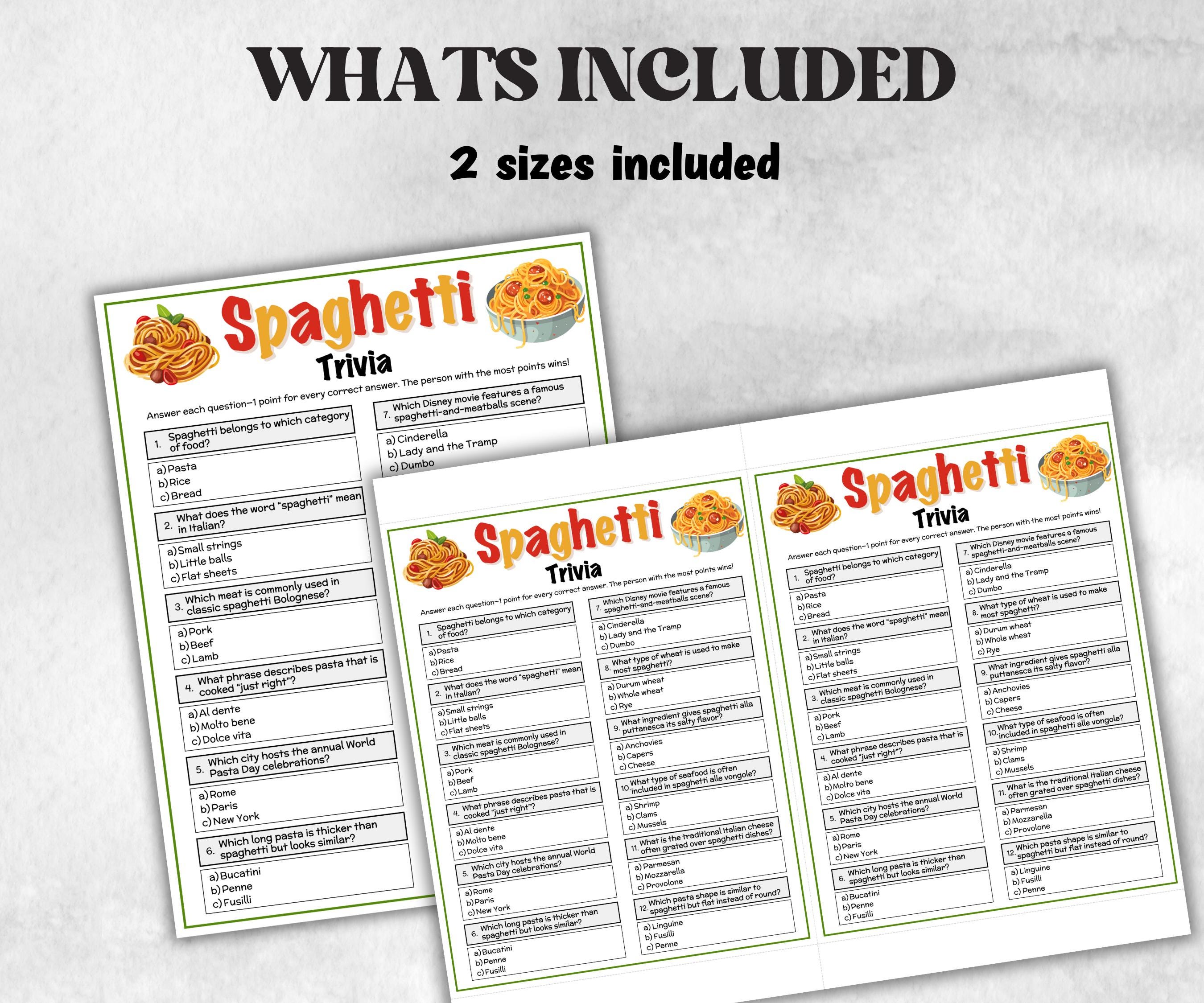 Spaghetti Food Trivia, Family Game Night, Italian Baby Shower, Pizza Pasta Dinner Party, Pasta Party, Games For Seniors, Italian Cooking-Holidays -TheHustlingCatLady-Party Games