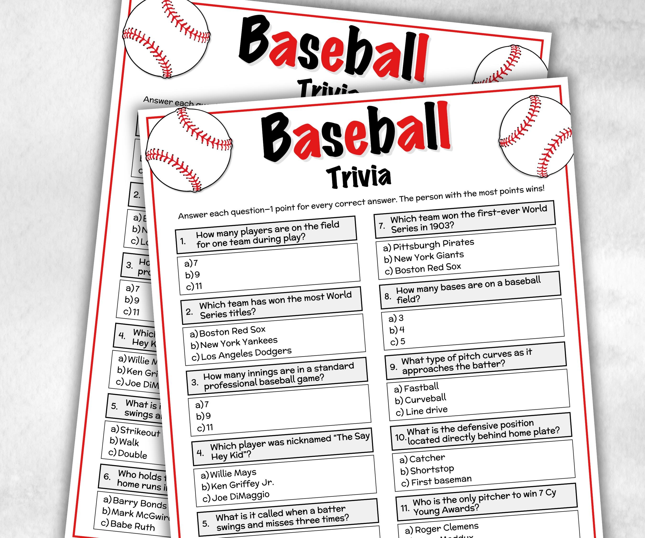 Baseball Trivia Game, Baseball Party, Sports Trivia, Family Game Night, Baseball Birthday Theme, Adults Quiz, world series fan, Questions-Holidays -TheHustlingCatLady-Party Games