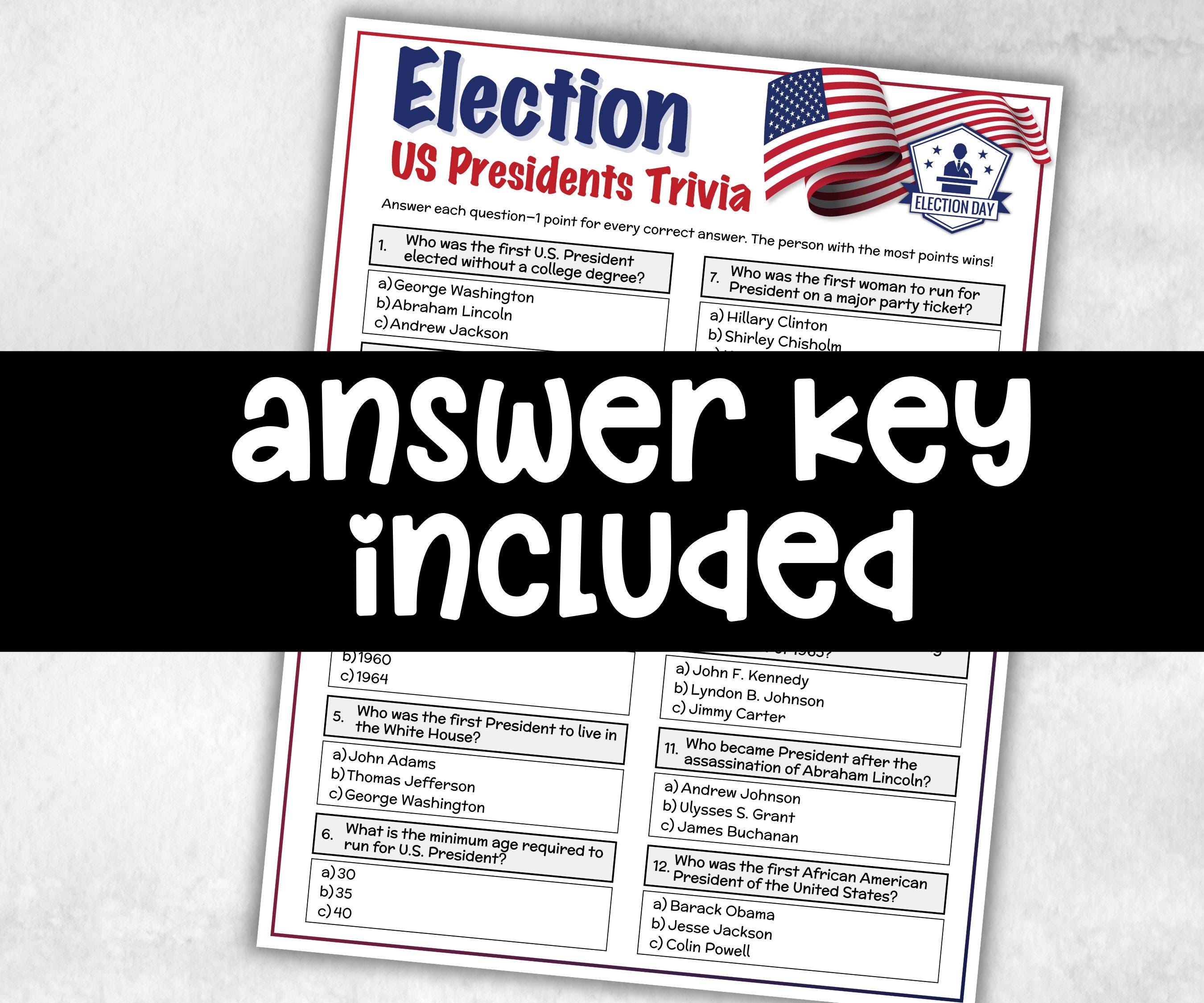 Election Day Trivia, Patriotic Game, Election Day Party, Presidential Trivia Questions, American History, 4th of July, Election Watch Party,-Holidays -TheHustlingCatLady-Party Games