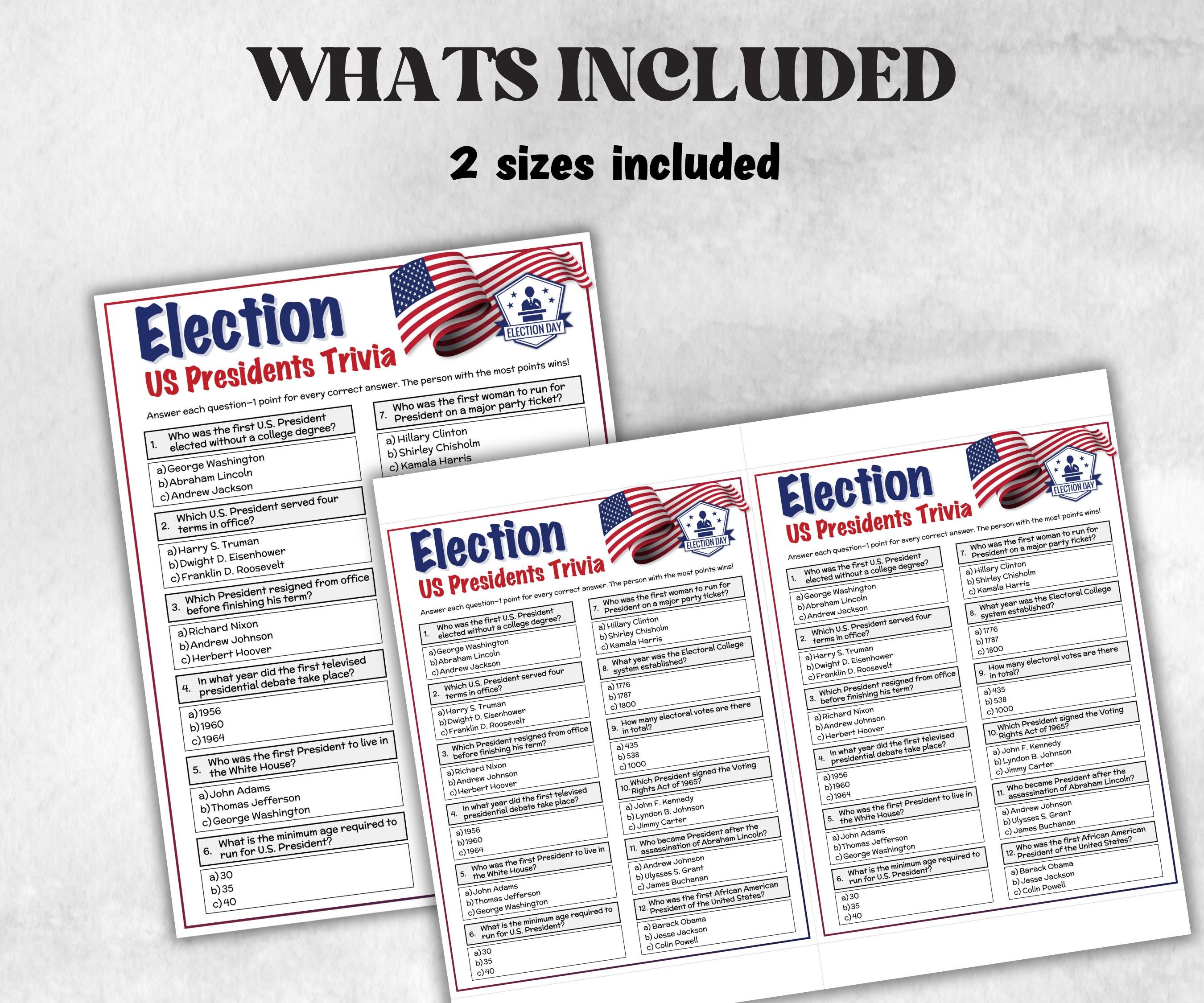 Election Day Trivia, Patriotic Game, Election Day Party, Presidential Trivia Questions, American History, 4th of July, Election Watch Party,-Holidays -TheHustlingCatLady-Party Games