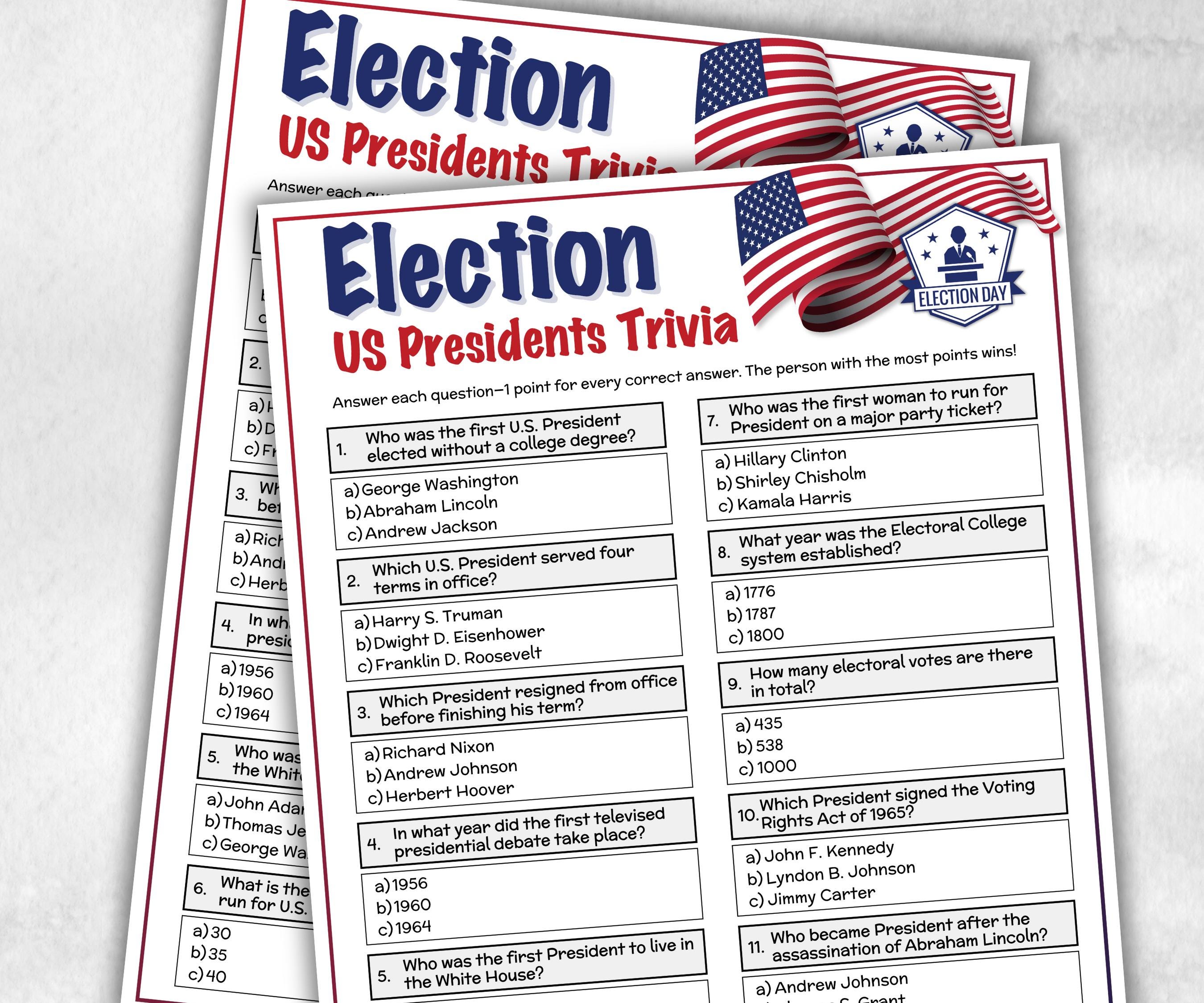 Election Day Trivia, Patriotic Game, Election Day Party, Presidential Trivia Questions, American History, 4th of July, Election Watch Party,-Holidays -TheHustlingCatLady-Party Games