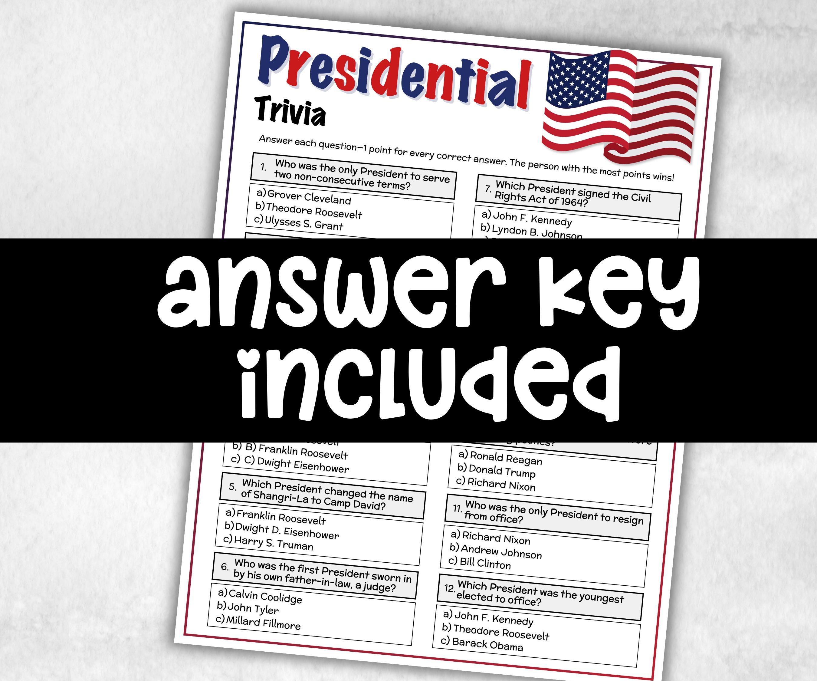 Presidential Trivia, Patriotic Game, Family Game Night Questions, Presidents Day Quiz, Presidents Day, American Trivia, 4th Of July memorial-Holidays -TheHustlingCatLady-Party Games