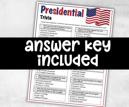 Presidential Trivia, Patriotic Game, Family Game Night Questions, Presidents Day Quiz, Presidents Day, American Trivia, 4th Of July memorial-Holidays -TheHustlingCatLady-Party Games