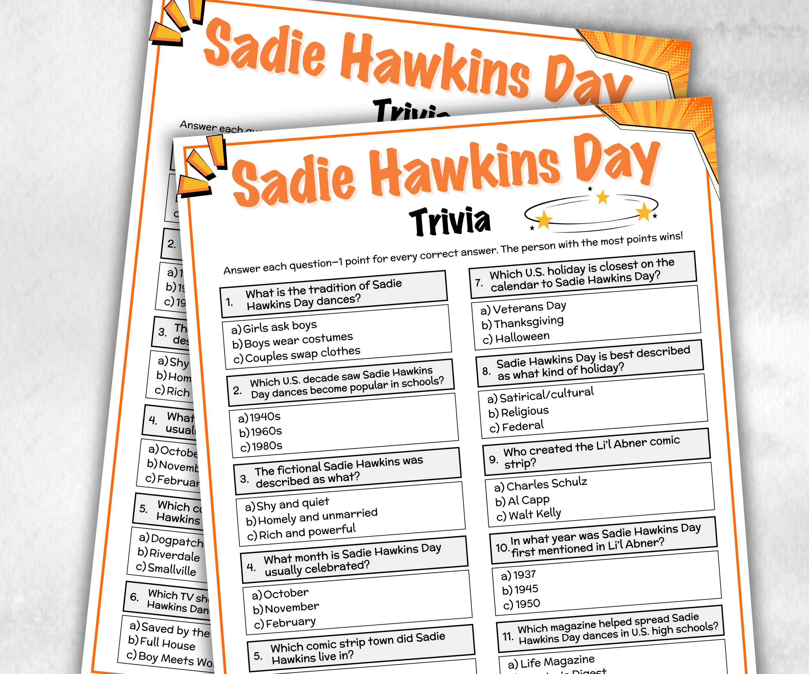Sadie Hawkins Day Trivia, valentines day dance, ladies choice dance, high school dance, singles dance, girls ask boys dance, kids classroom-Holidays -TheHustlingCatLady-Party Games
