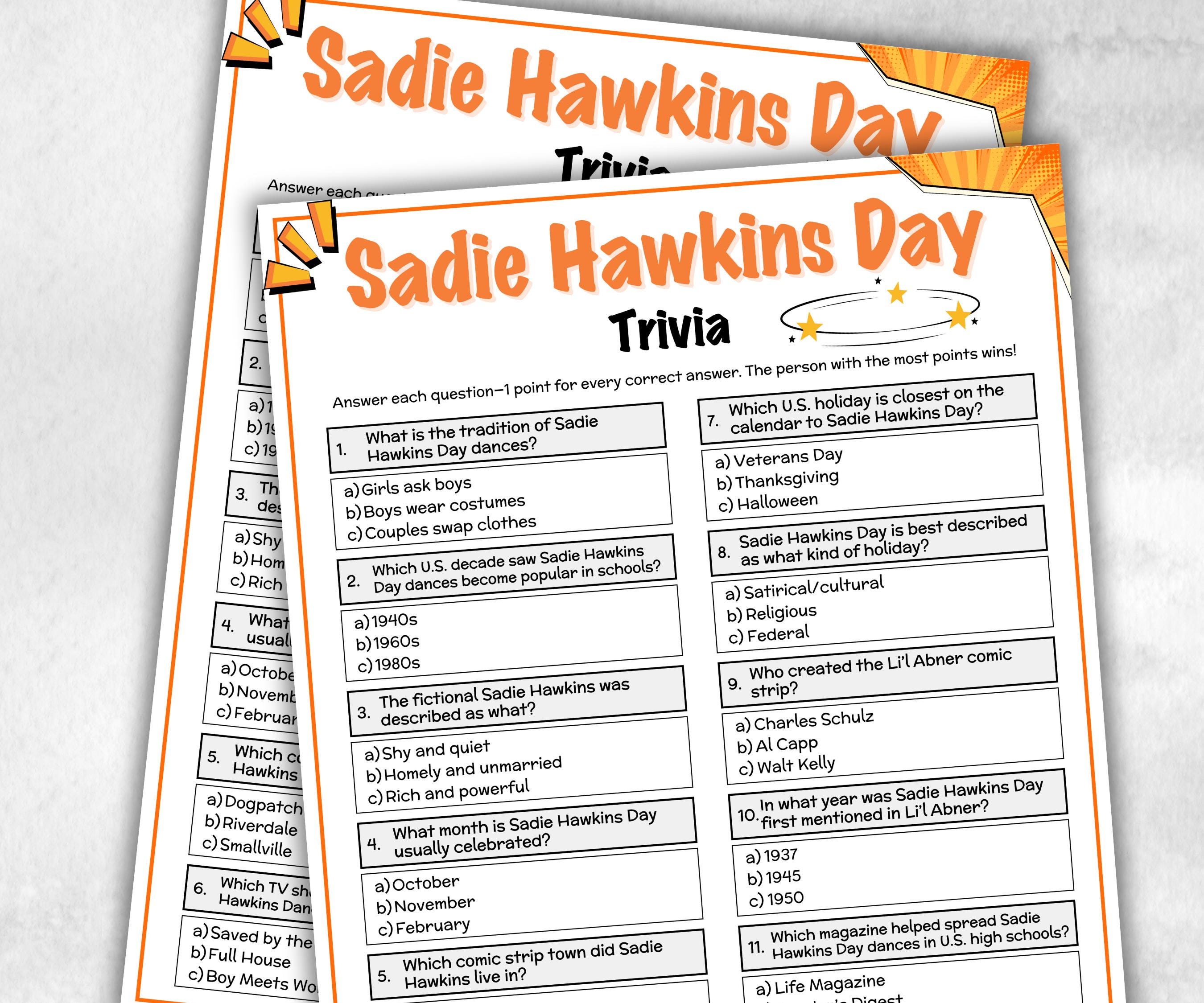 Sadie Hawkins Day Trivia, valentines day dance, ladies choice dance, high school dance, singles dance, girls ask boys dance, kids classroom-Holidays -TheHustlingCatLady-Party Games