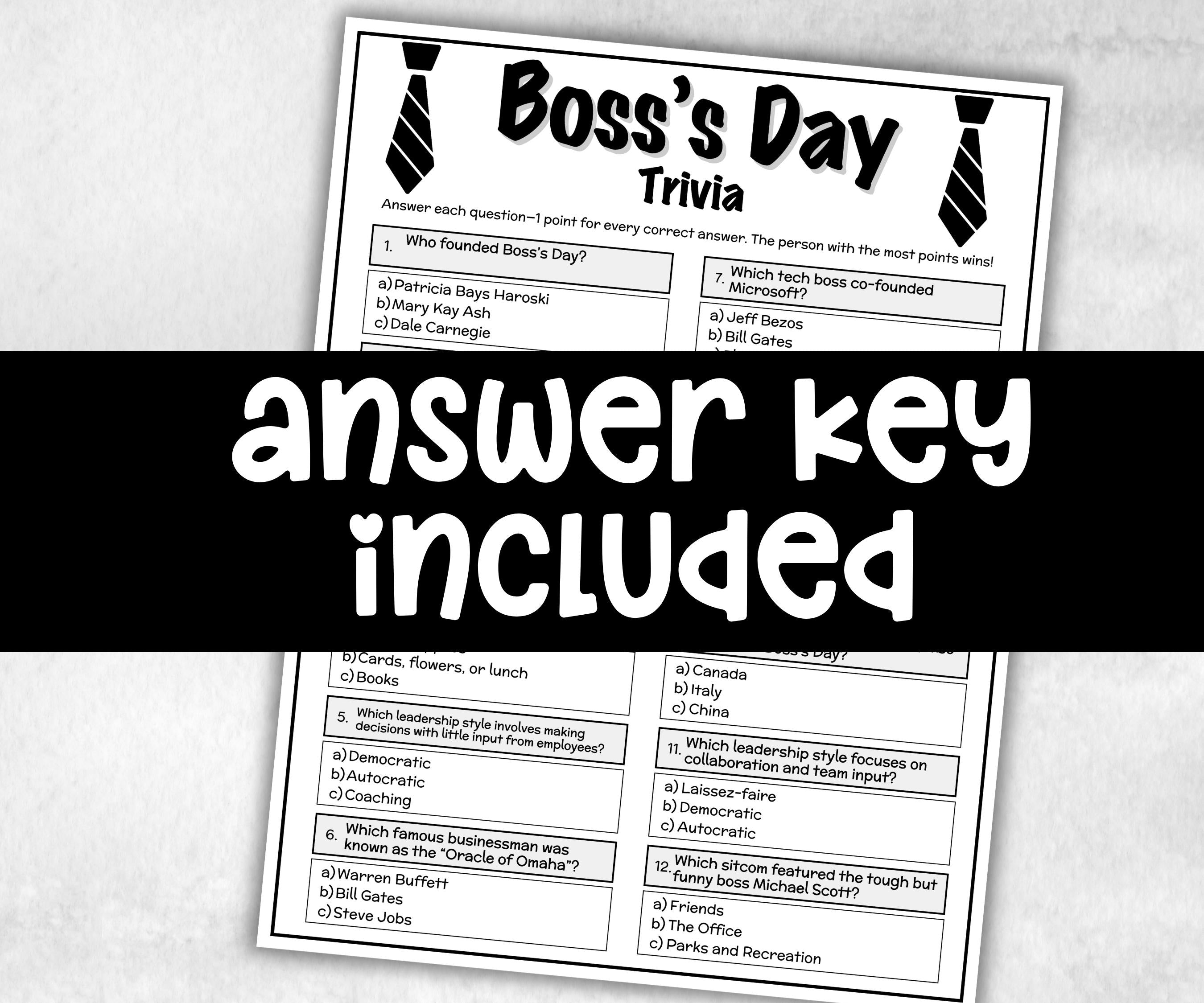 Boss's Day Trivia, Office Team Building Games, Coworker Activity, Happy Hour Office Party, Teammate Workmate Worker Holiday Quiz, Boss Game-Holidays -TheHustlingCatLady-Party Games