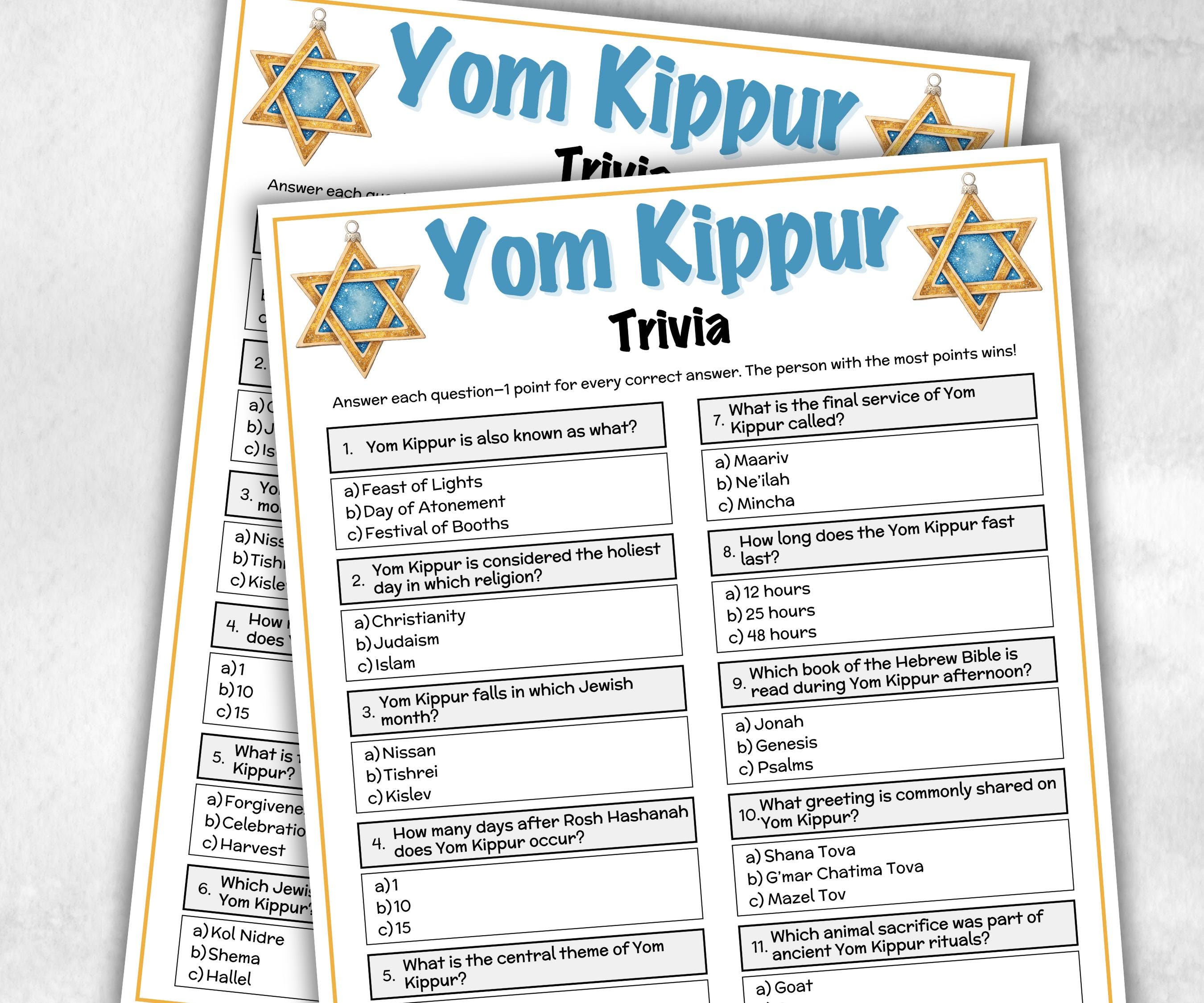 Yom Kippur Trivia, Jewish Holiday, Yom Kippur Game, Jewish New Year, Jewish High Holidays, Israel Yom Kippur Kid activity,Jewish Celebration-Holidays -TheHustlingCatLady-Party Games