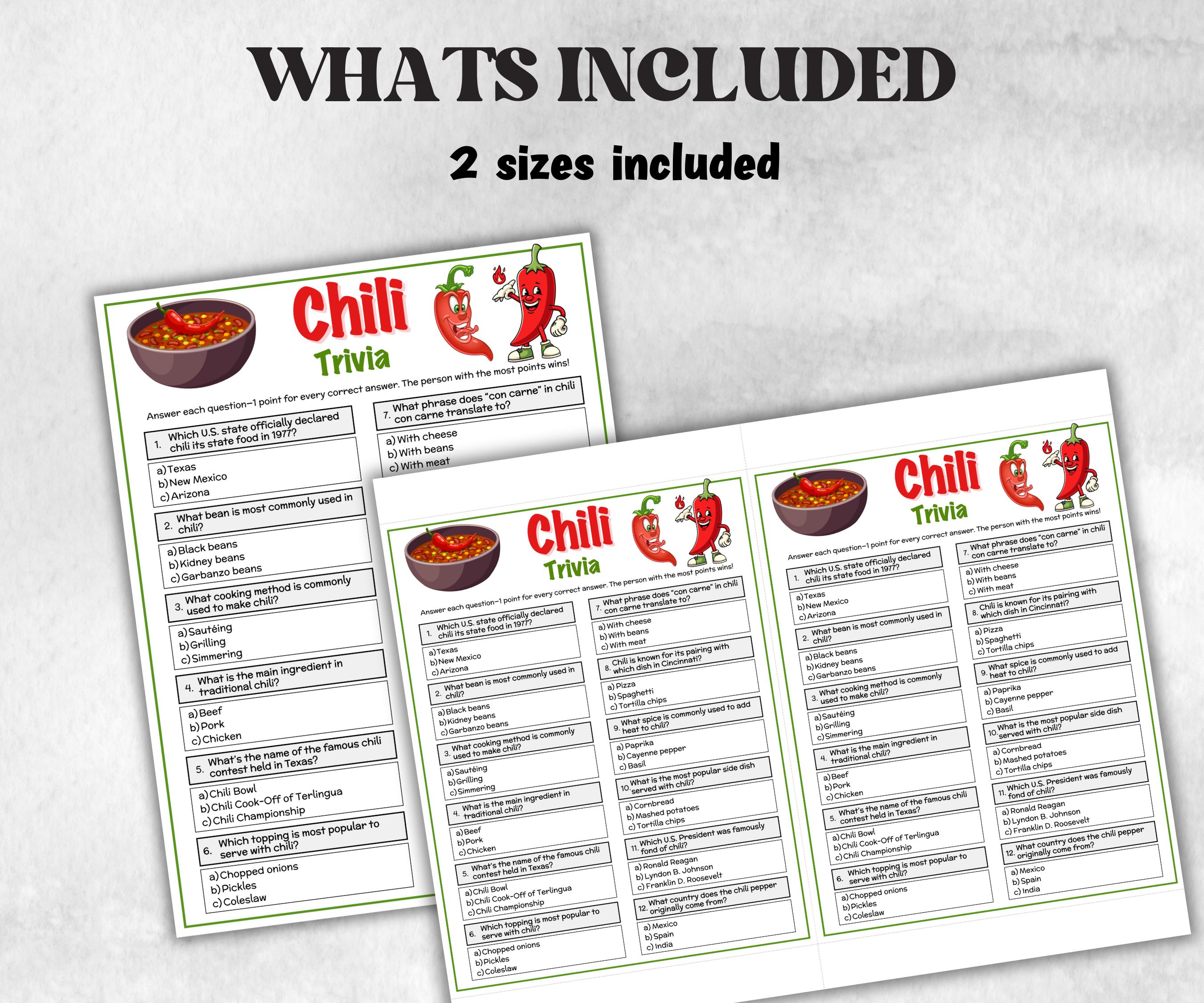 Chili Trivia Game, Chili Cook Off Ideas, Chili Competition, Chili Bar Theme, Chili Potluck Party, Chili Cook Off Game, Chili Ballots, Trivia-Holidays -TheHustlingCatLady-Party Games