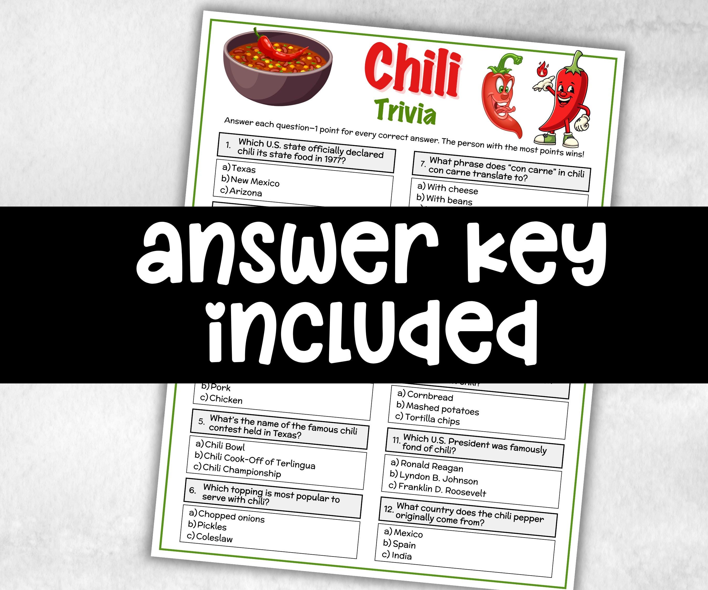 Chili Trivia Game, Chili Cook Off Ideas, Chili Competition, Chili Bar Theme, Chili Potluck Party, Chili Cook Off Game, Chili Ballots, Trivia-Holidays -TheHustlingCatLady-Party Games