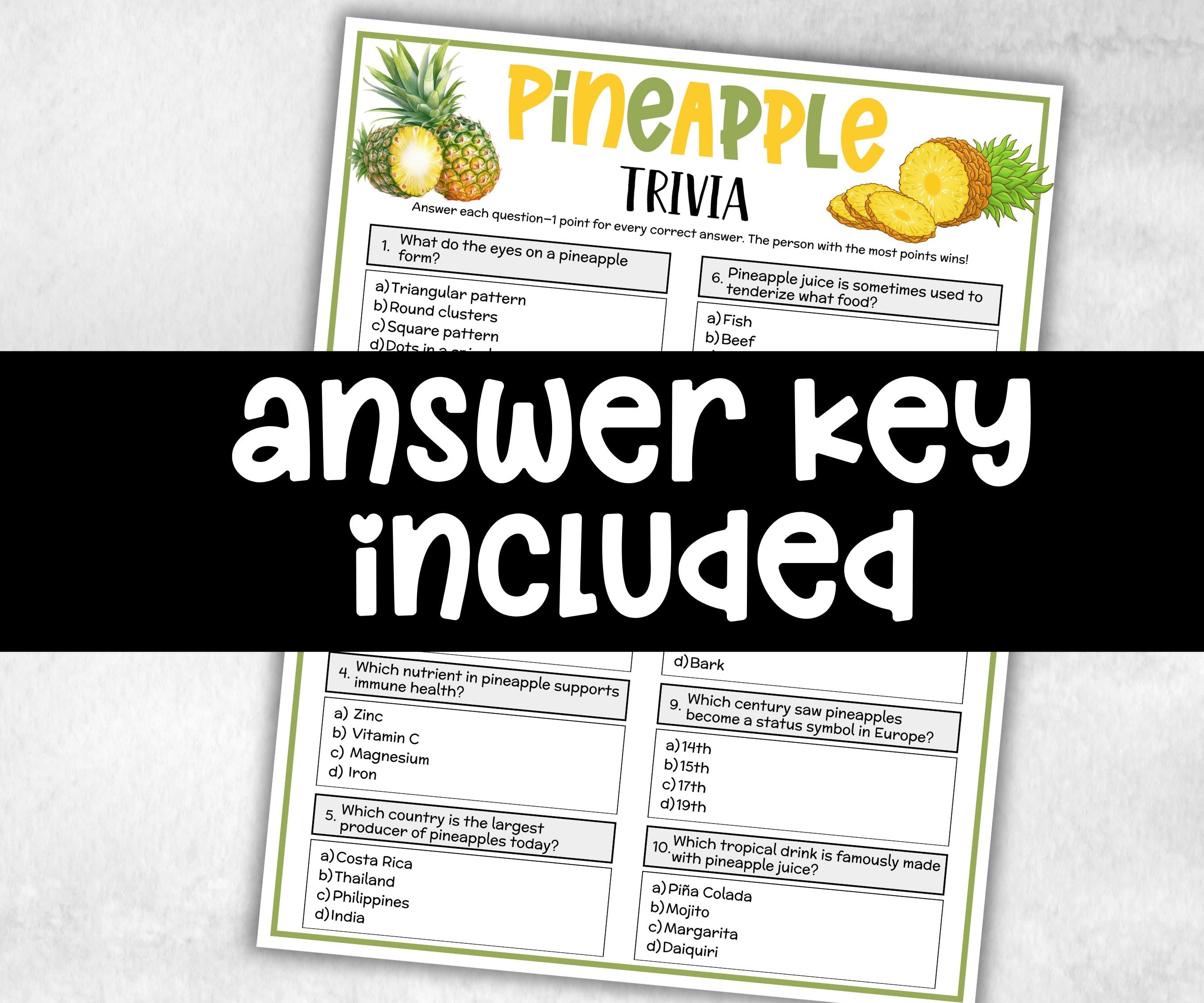 Pineapple Trivia, Hawaiian Theme Party, Summer Icebreaker, Food Fruit Trivia, Tropical Printable, school classroom, bridal shower, kid adult-Holidays -TheHustlingCatLady-Party Games
