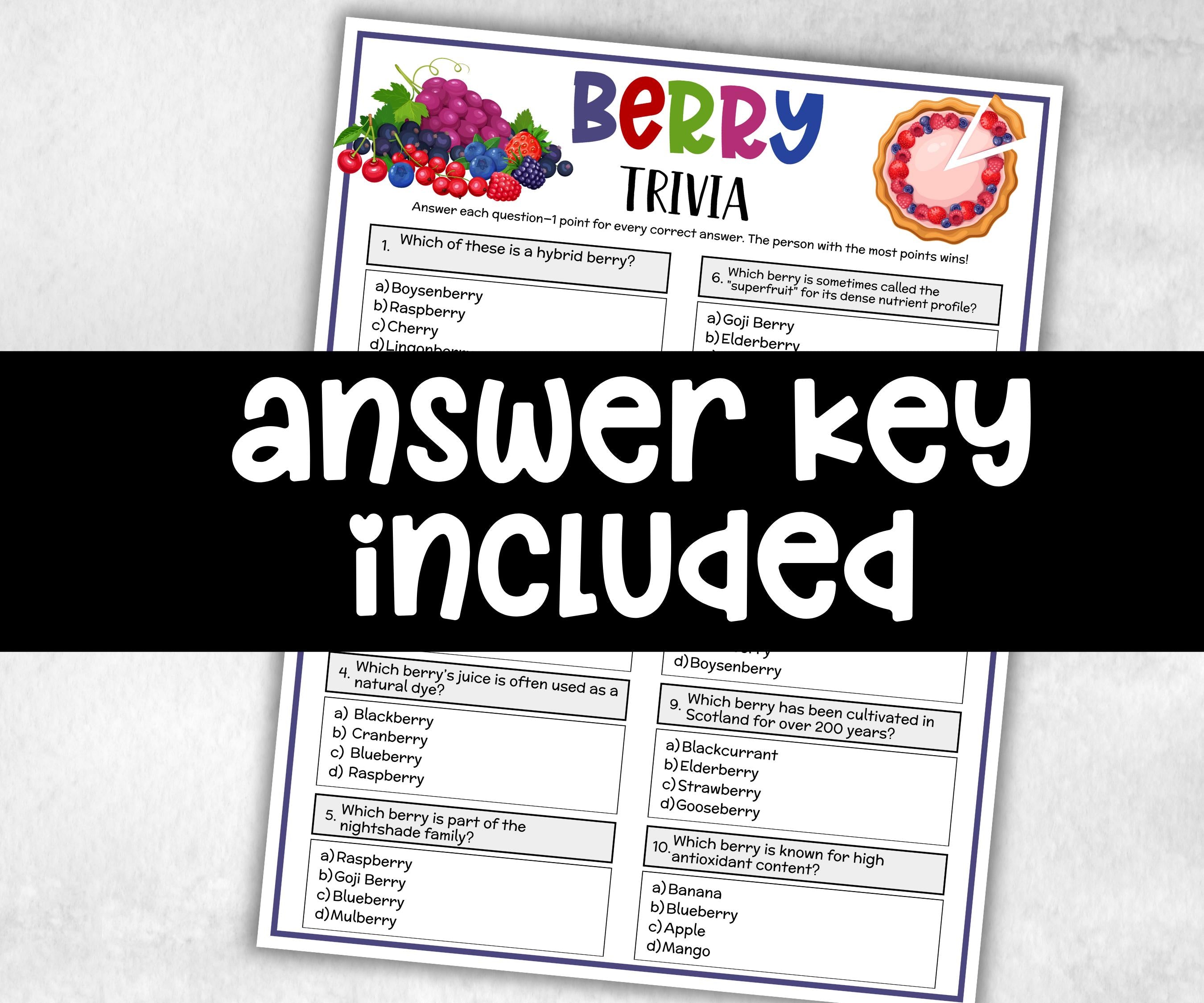 Berry Printable Trivia, Berry Sweet Baby, First Birthday Game, Girl Baby Shower, bridal shower, seniors trivia quiz, school classroom, kids-Holidays -TheHustlingCatLady-Party Games