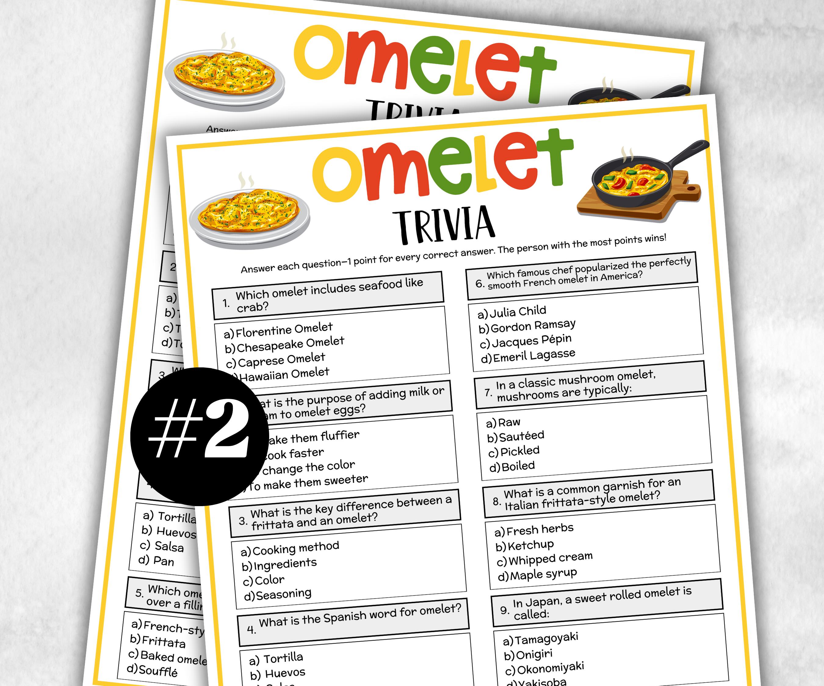 Omelette Trivia Quiz, National Omelet Day, Brunch Baby Shower, Brunch trivia, Church activity, Teen Sleepover Party, school classroom game-Holidays -TheHustlingCatLady-Party Games