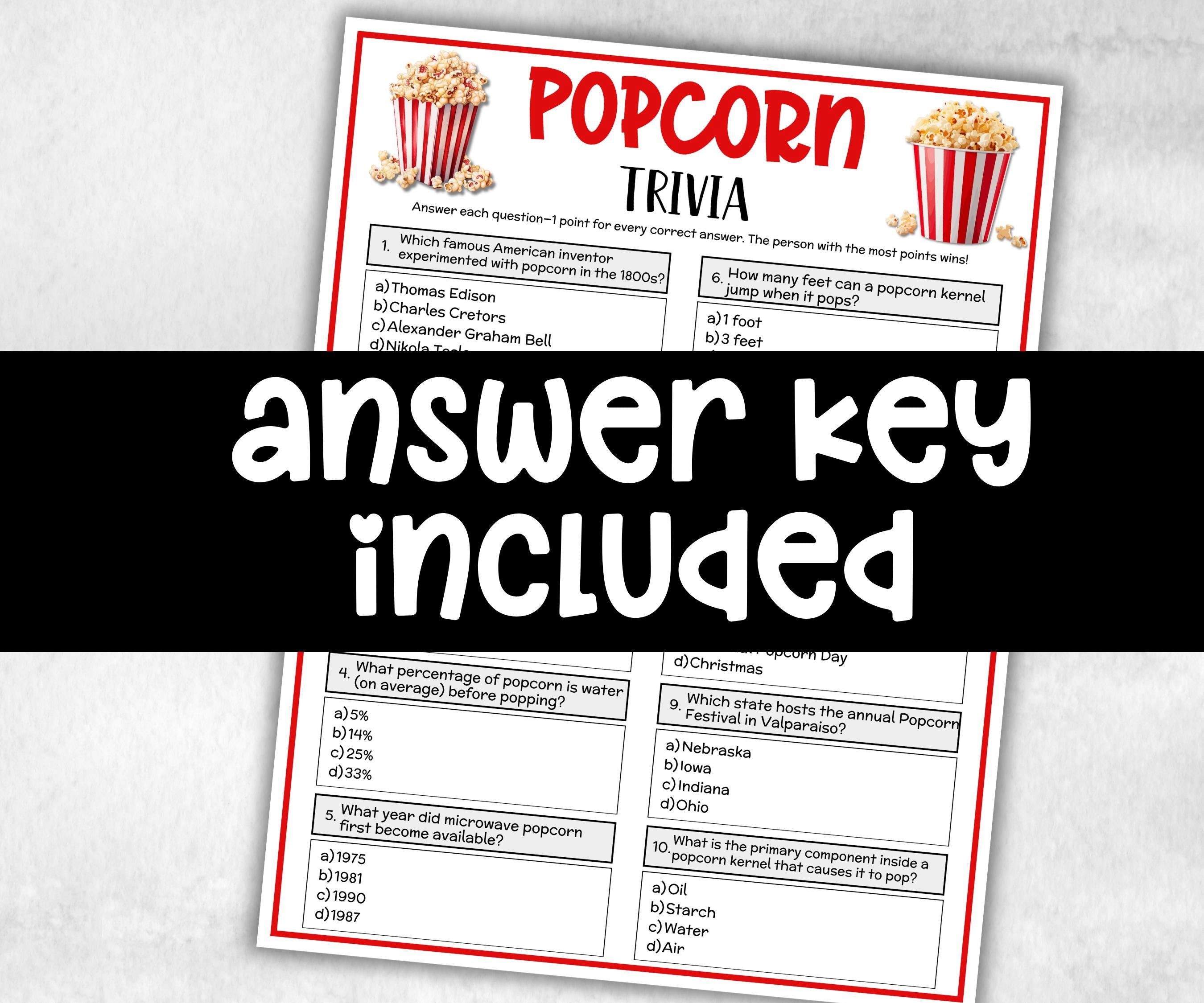 Popcorn Trivia, Movie Night, Popcorn Bar Activity, Family Game Night, Fast Food Trivia, Church Activity, Award Ceremony, Ready To Pop Quiz-Holidays -TheHustlingCatLady-Party Games