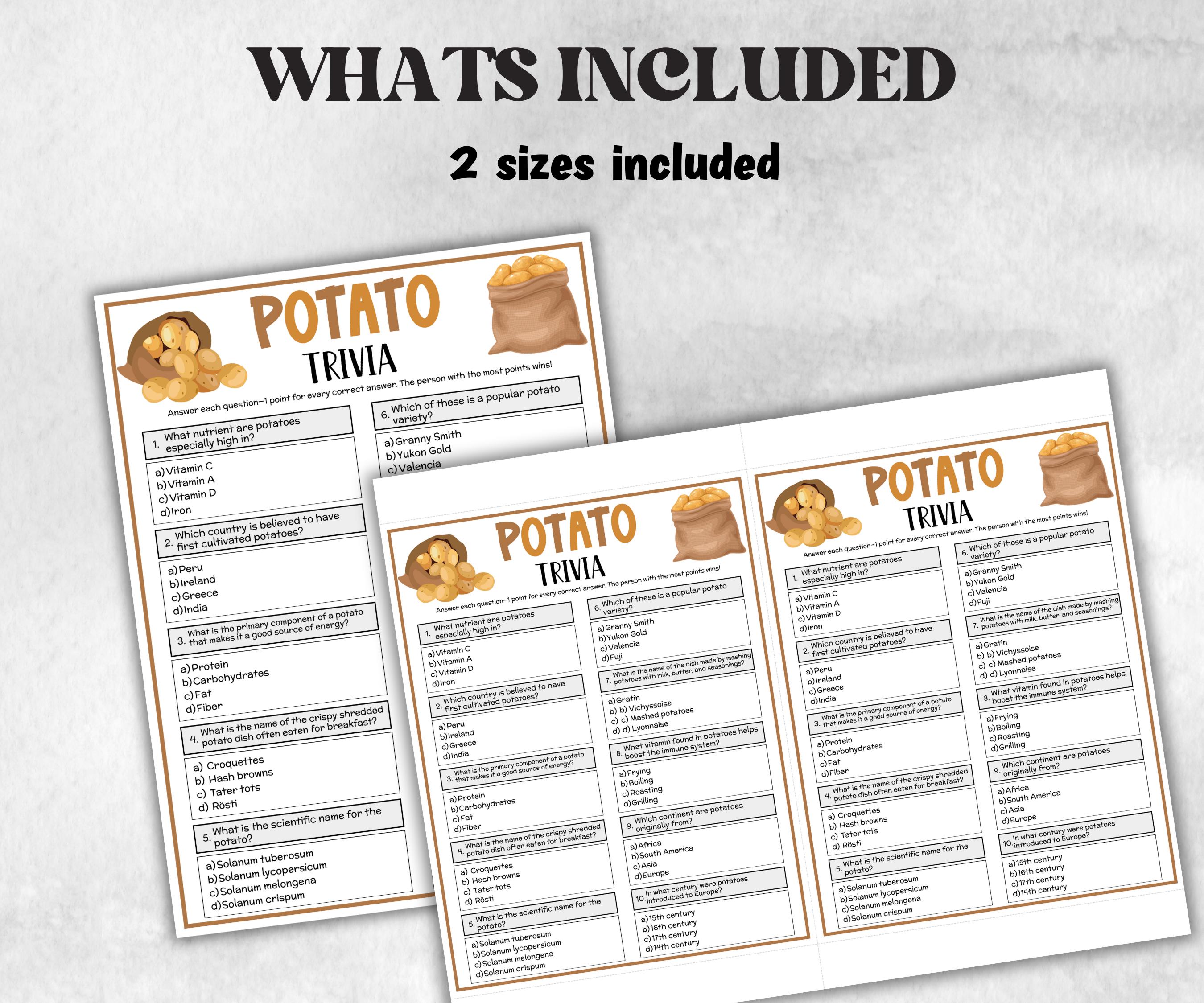 Potato Trivia, National Potato Day, Dinner Party Quiz, Senior Game Night, Potato Baby Shower, Office Party, Game Night, Church Activity-Holidays -TheHustlingCatLady-Party Games
