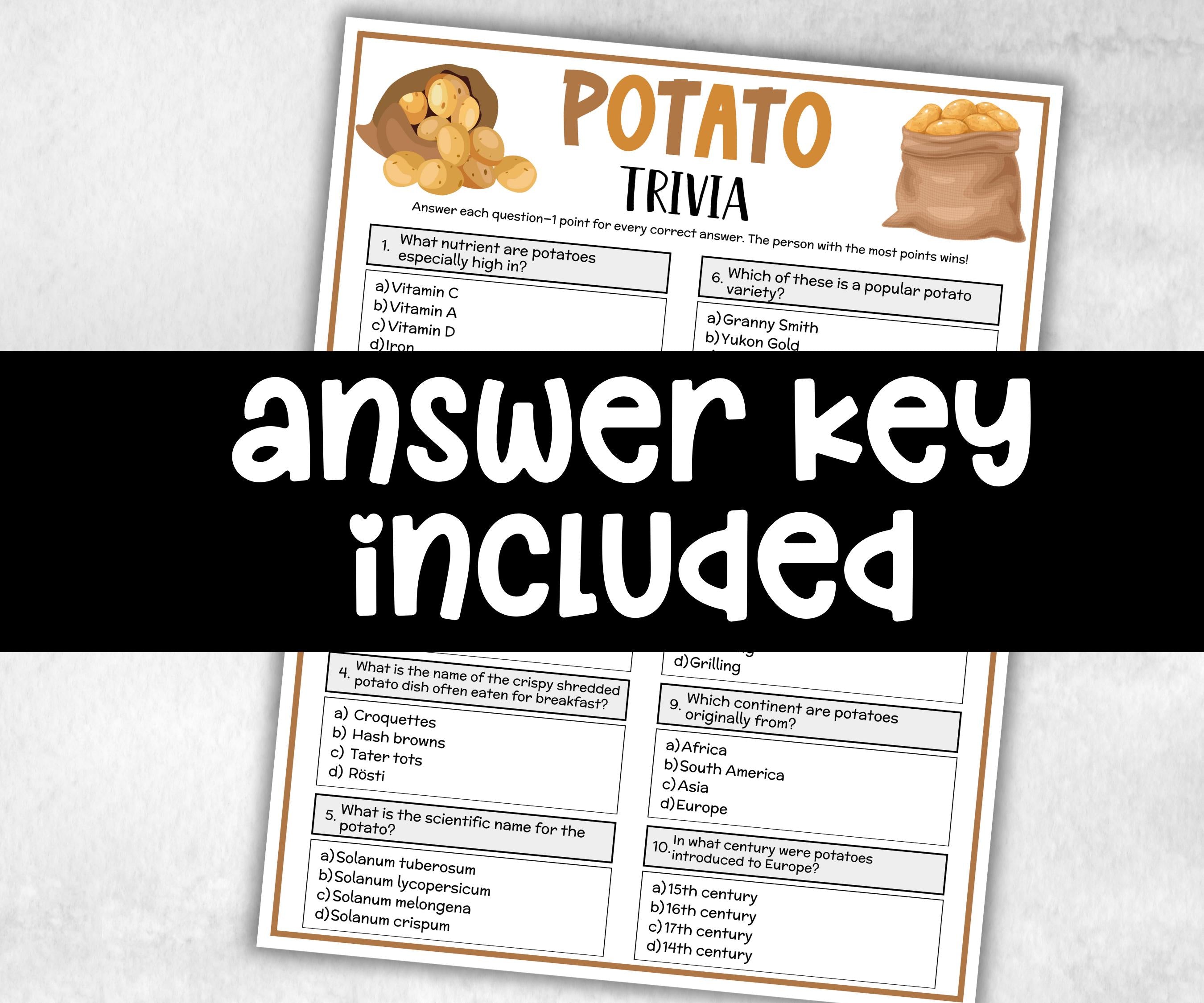 Potato Trivia, National Potato Day, Dinner Party Quiz, Senior Game Night, Potato Baby Shower, Office Party, Game Night, Church Activity-Holidays -TheHustlingCatLady-Party Games