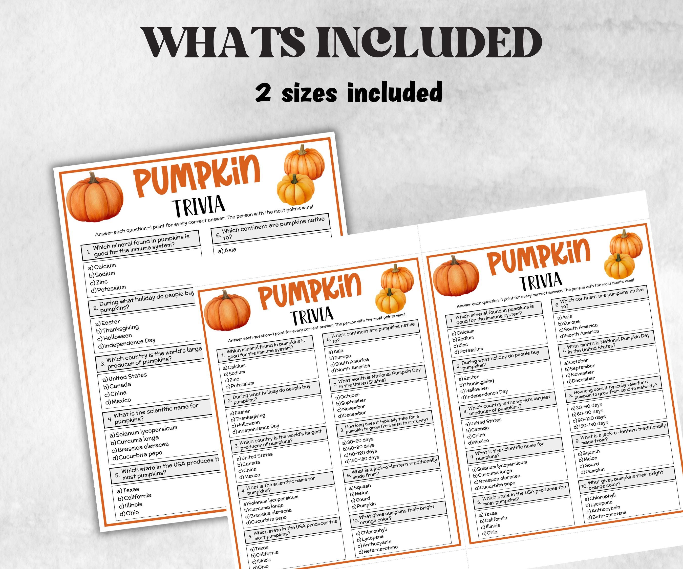 Pumpkin Trivia, Fall Baby Shower, Thanksgiving Game, Baby Shower Trivia, Office Party Games, Halloween Party Game, dinner party, school-Holidays -TheHustlingCatLady-Party Games