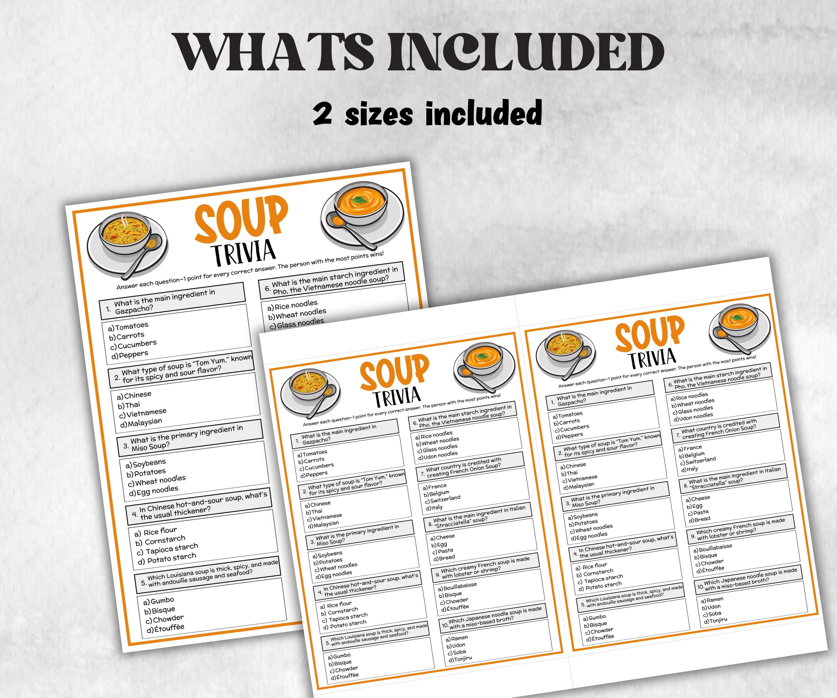 Soup Trivia Game, Soup Competition, Winter Icebreaker, Soup Theme Party, Potluck Contest, Rainy Day Snow Day,Soup Party, Soup Cook Off Theme-Holidays -TheHustlingCatLady-Party Games