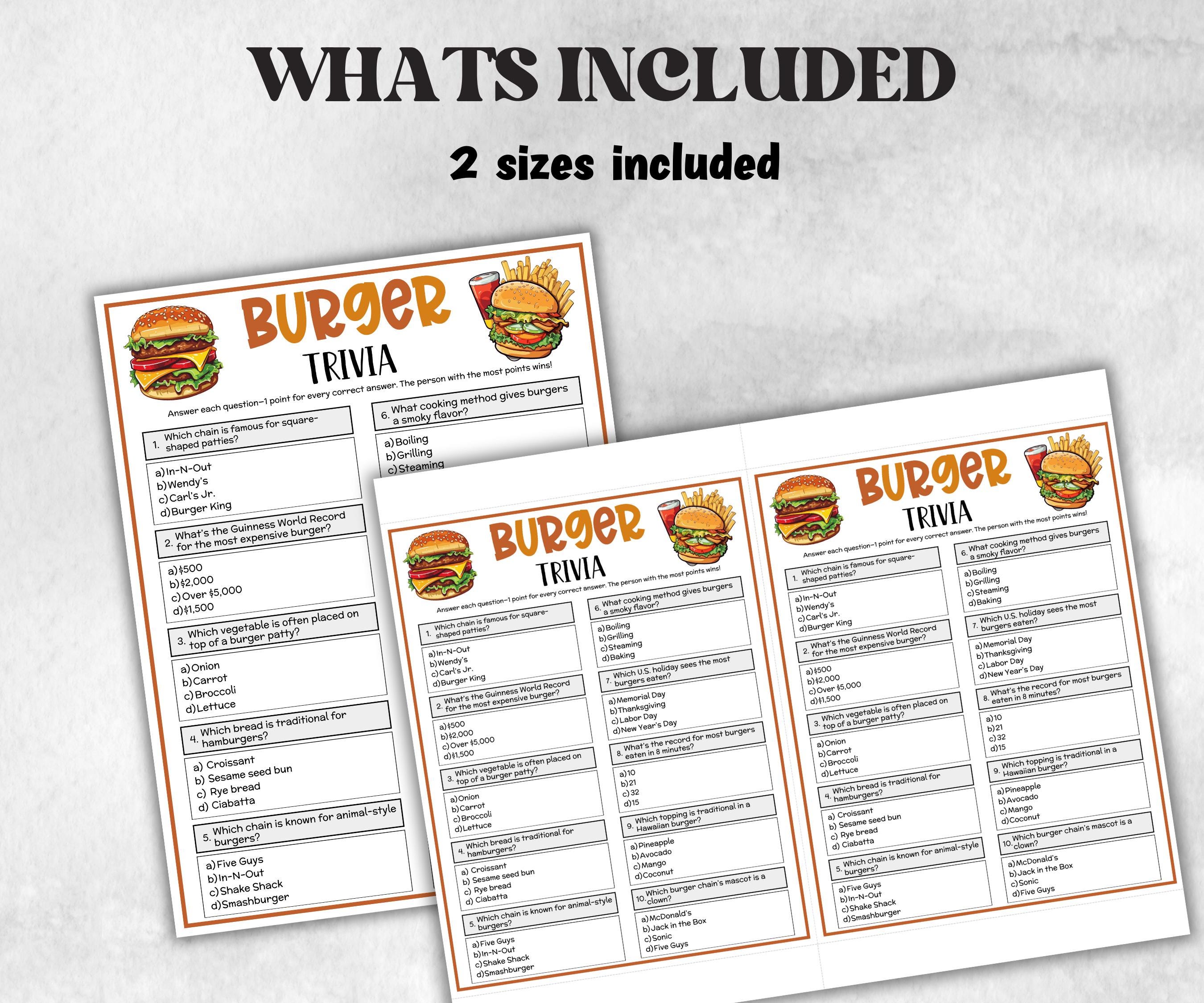 Hamburger Trivia, Bbq Burger Party Game, Fast Food Trivia, July 4Th Trivia, Summer Party, Fast Food Team Building, Family Guessing Game,-Holidays -TheHustlingCatLady-Party Games