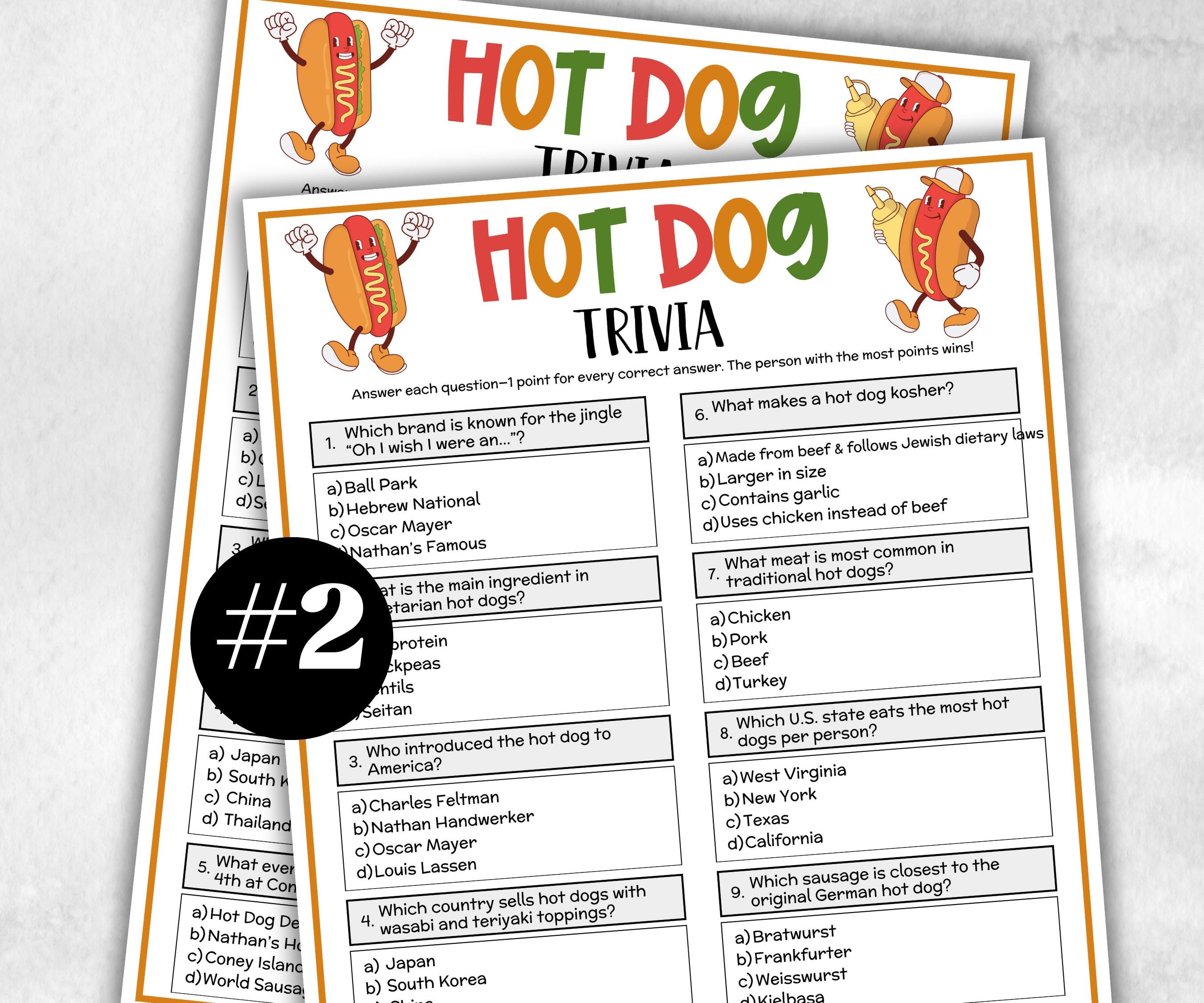 Hot Dog Trivia, National Hot Dog Day, BBQ Party Word Games, Baseball Party, Kids Party Games, Classroom Activities, Printable Fast Food Game-Holidays -TheHustlingCatLady-Party Games