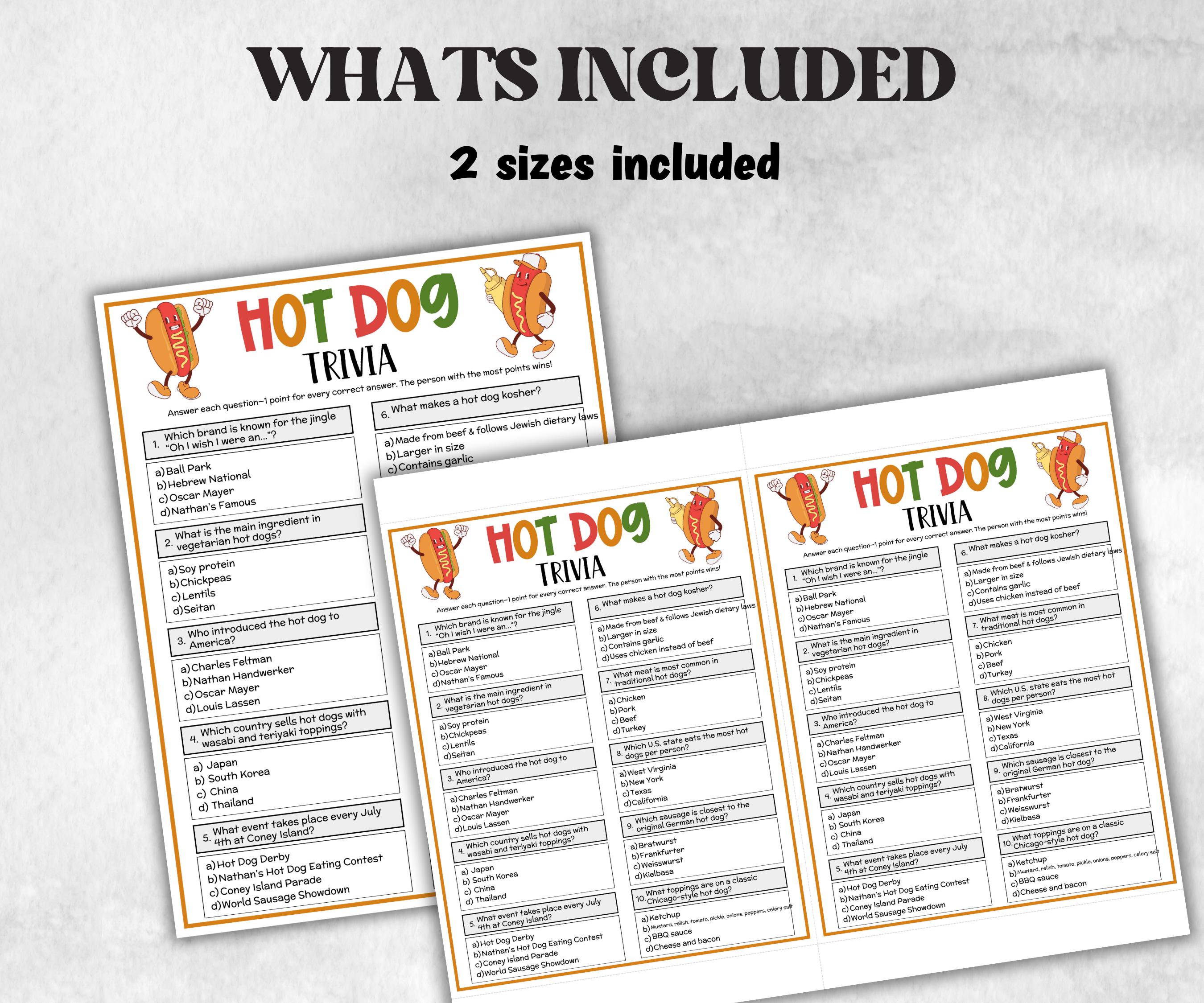 Hot Dog Trivia, National Hot Dog Day, BBQ Party Word Games, Baseball Party, Kids Party Games, Classroom Activities, Printable Fast Food Game-Holidays -TheHustlingCatLady-Party Games