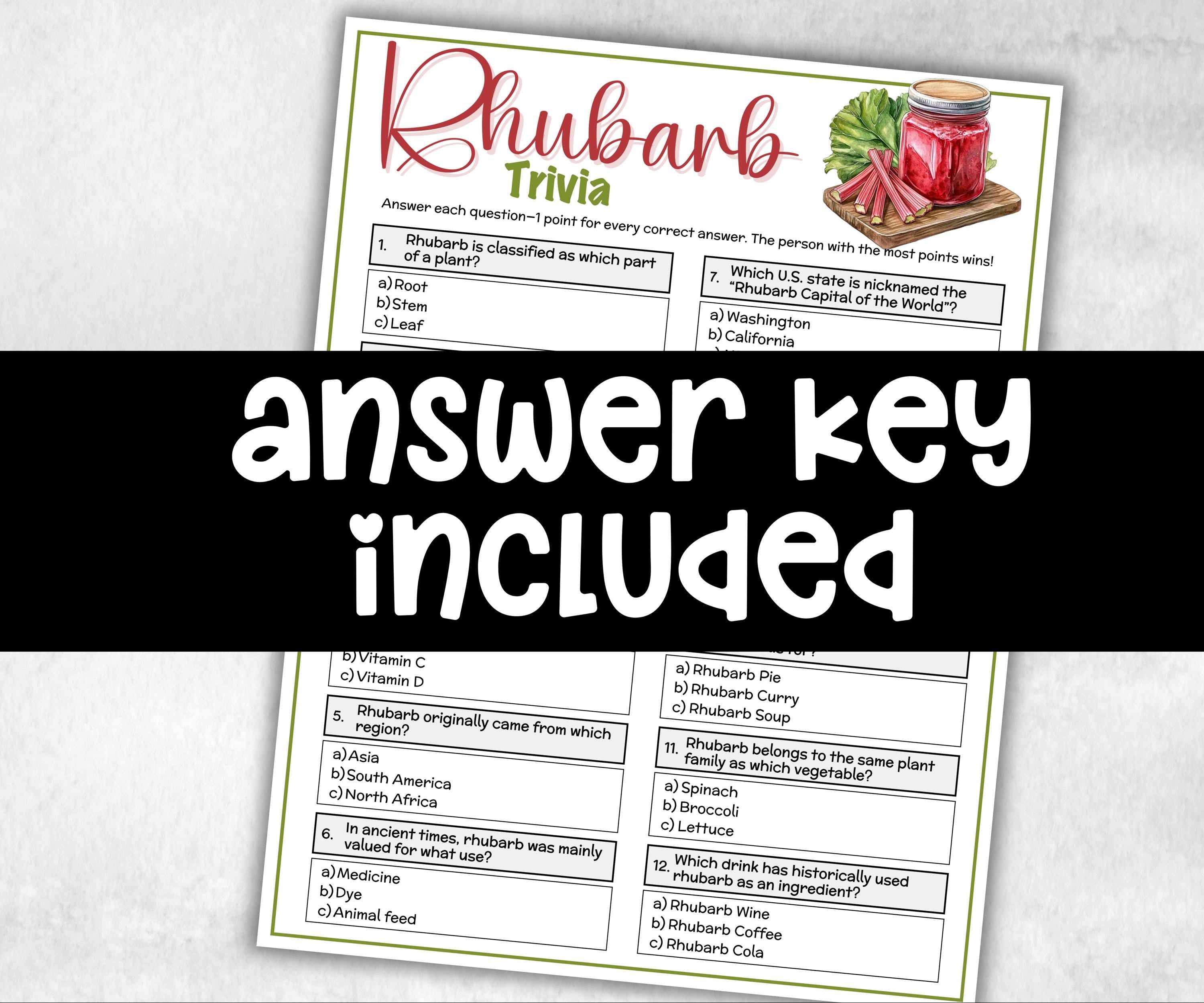 Rhubarb Trivia, Holiday Party, Family Game Night, Senior Center, Adult Party Quiz, July Fruit, Garden Themed Baby Shower, Ladies night quiz-Holidays -TheHustlingCatLady-Party Games