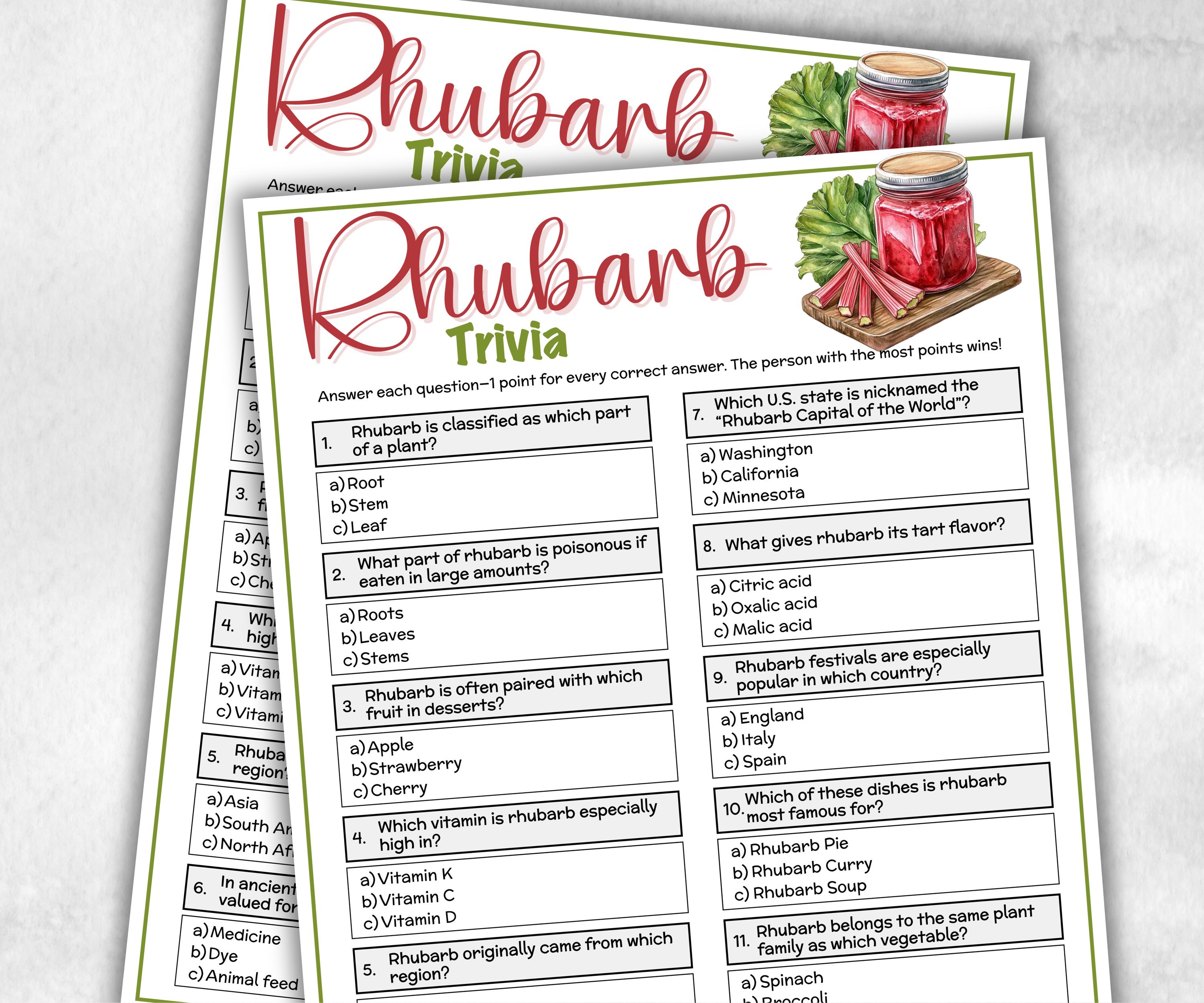 Rhubarb Trivia, Holiday Party, Family Game Night, Senior Center, Adult Party Quiz, July Fruit, Garden Themed Baby Shower, Ladies night quiz-Holidays -TheHustlingCatLady-Party Games