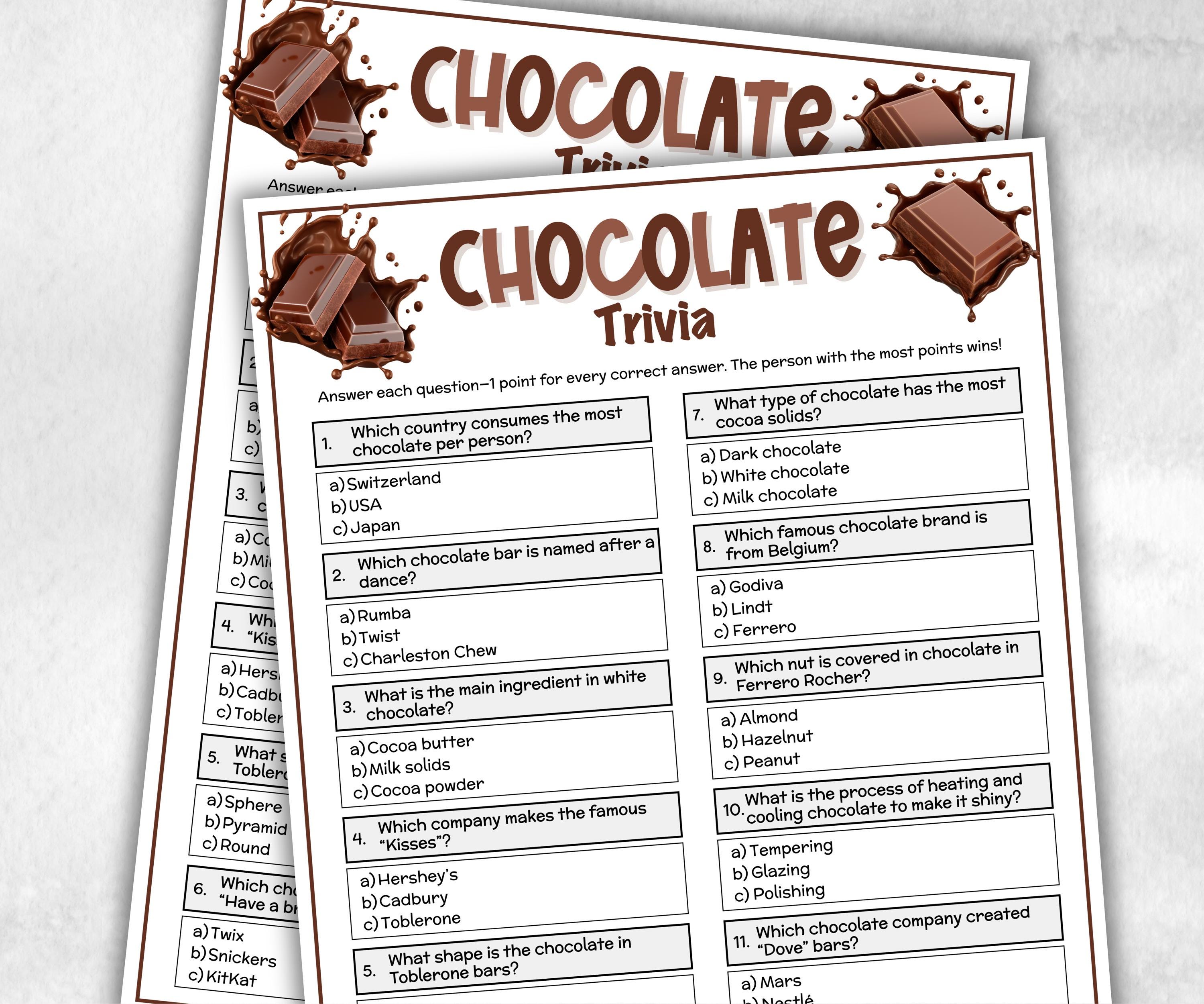 Chocolate Trivia, Family Game Night, Chocolate Day Quiz, Group Game, kid adult teen senior, team building, Ladies night, fun family activity-Holidays -TheHustlingCatLady-Party Games