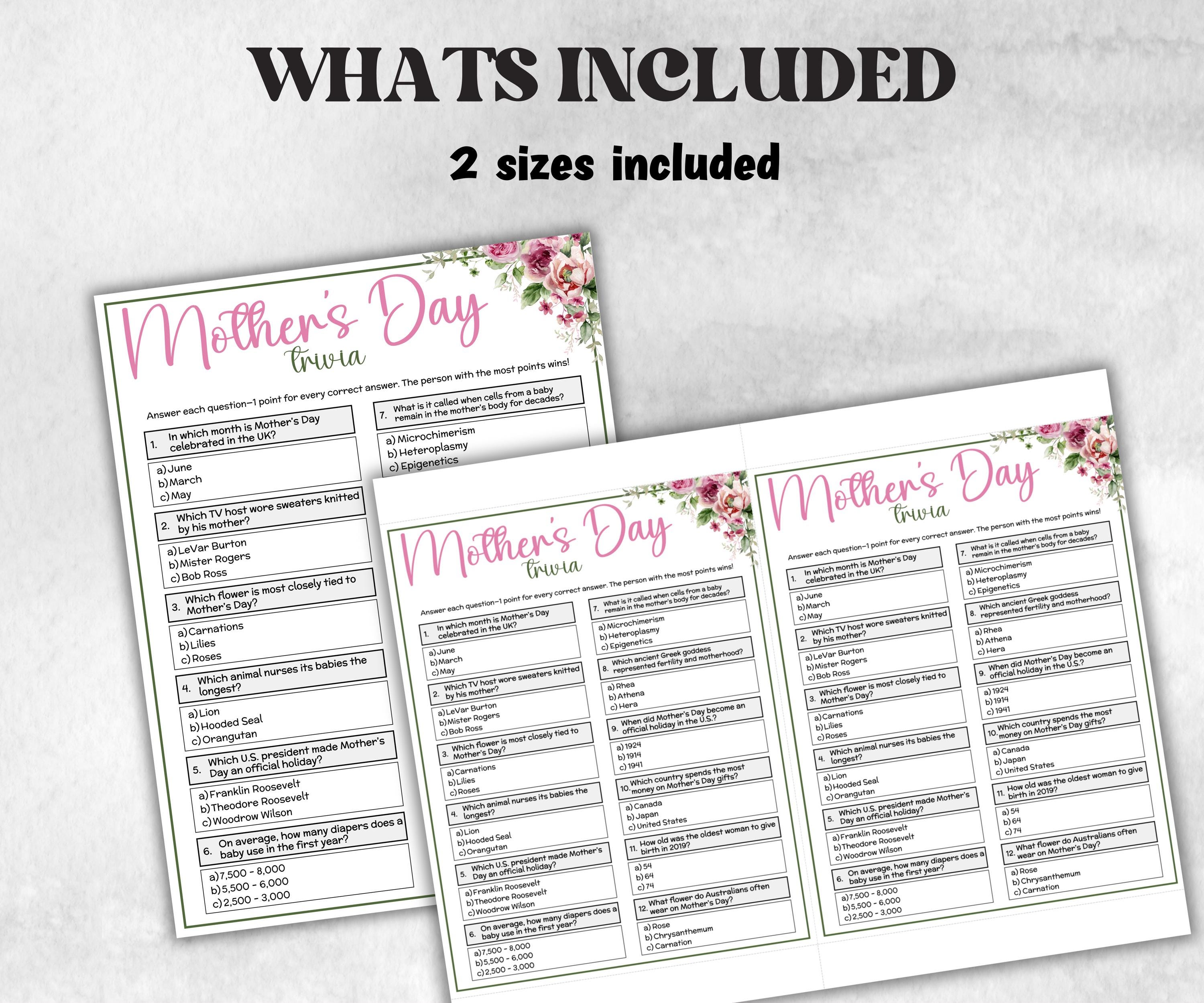 Printable Mother's Day Trivia, Family Game Night, Group Game, kid adult teen, Mom Mama Aunt Grandma Grandmom idea, mothers day birthday gift-Holidays -TheHustlingCatLady-Party Games