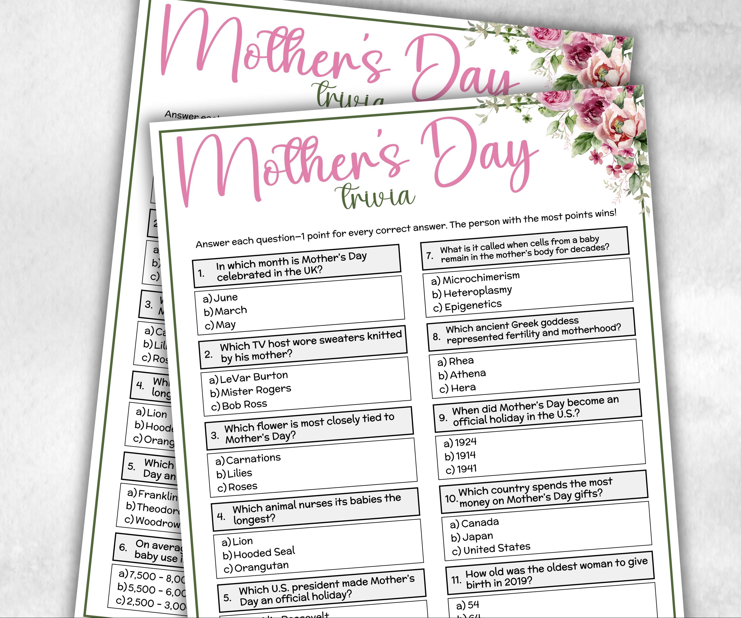 Printable Mother's Day Trivia, Family Game Night, Group Game, kid adult teen, Mom Mama Aunt Grandma Grandmom idea, mothers day birthday gift-Holidays -TheHustlingCatLady-Party Games