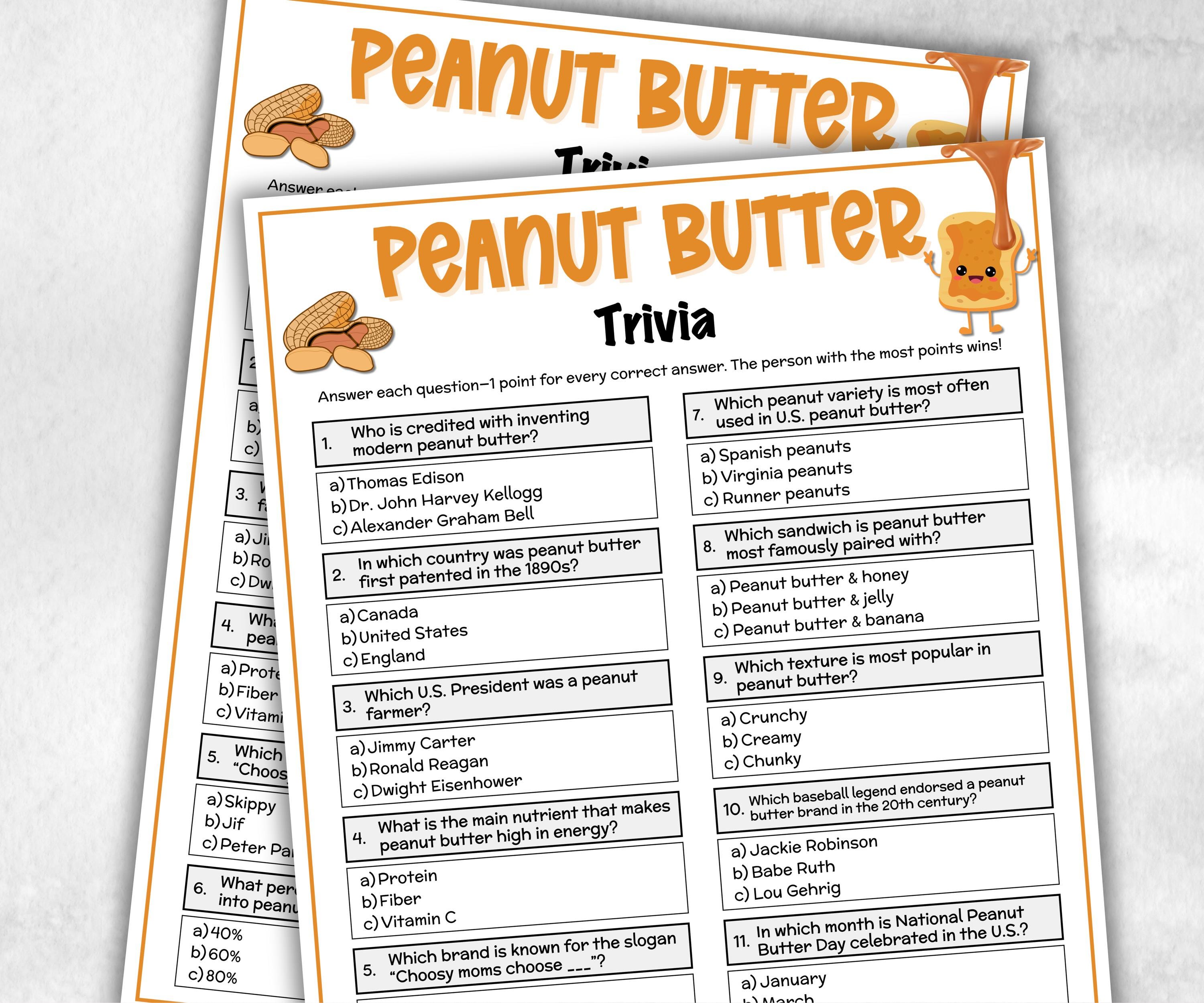 Peanut Butter Trivia Questions, PB&J, Game For Senior, Family Game Night, Group Game, birthday theme, Food And Drink Game, Charity, Pop Quiz-Holidays -TheHustlingCatLady-Party Games