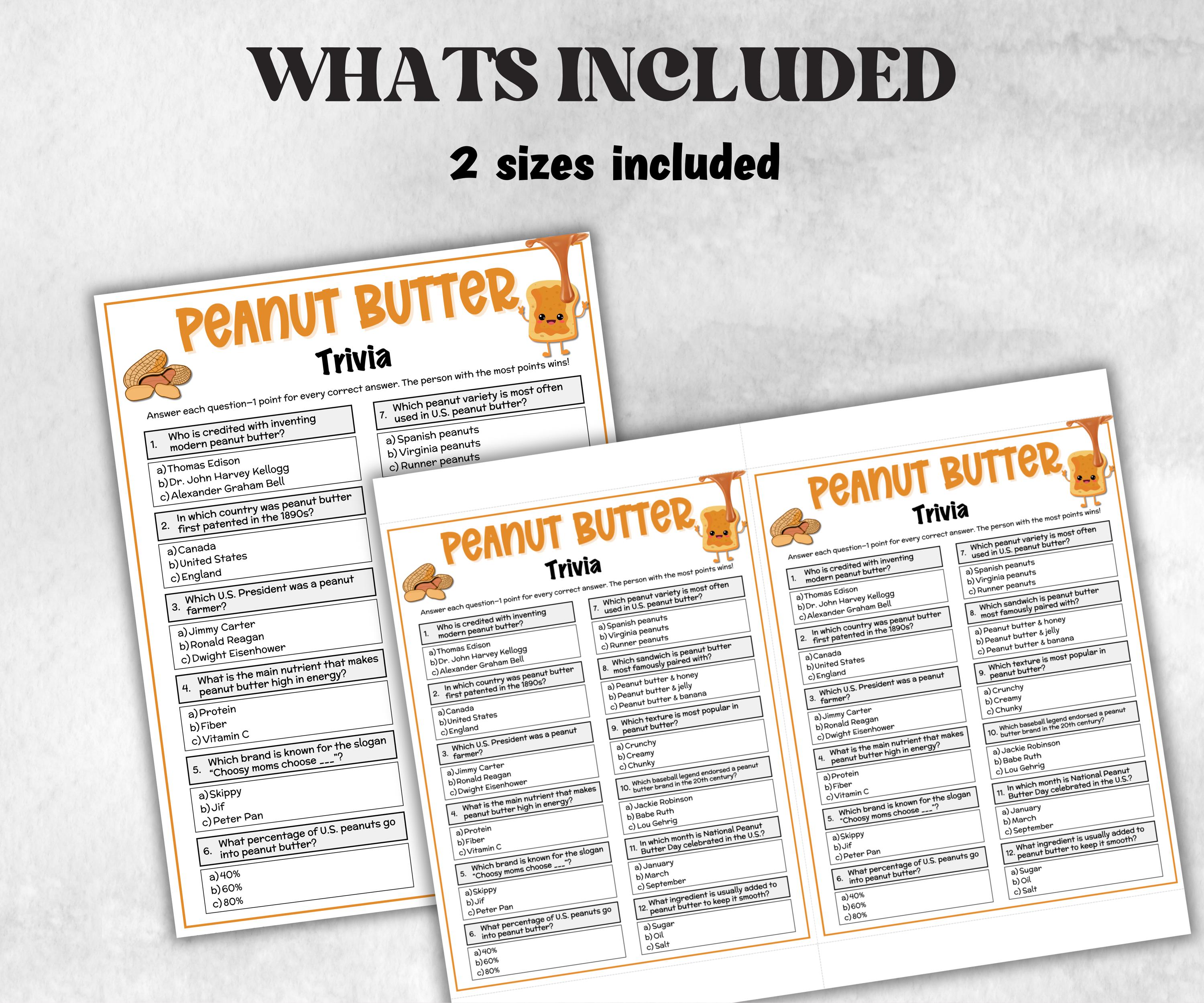 Peanut Butter Trivia Questions, PB&J, Game For Senior, Family Game Night, Group Game, birthday theme, Food And Drink Game, Charity, Pop Quiz-Holidays -TheHustlingCatLady-Party Games