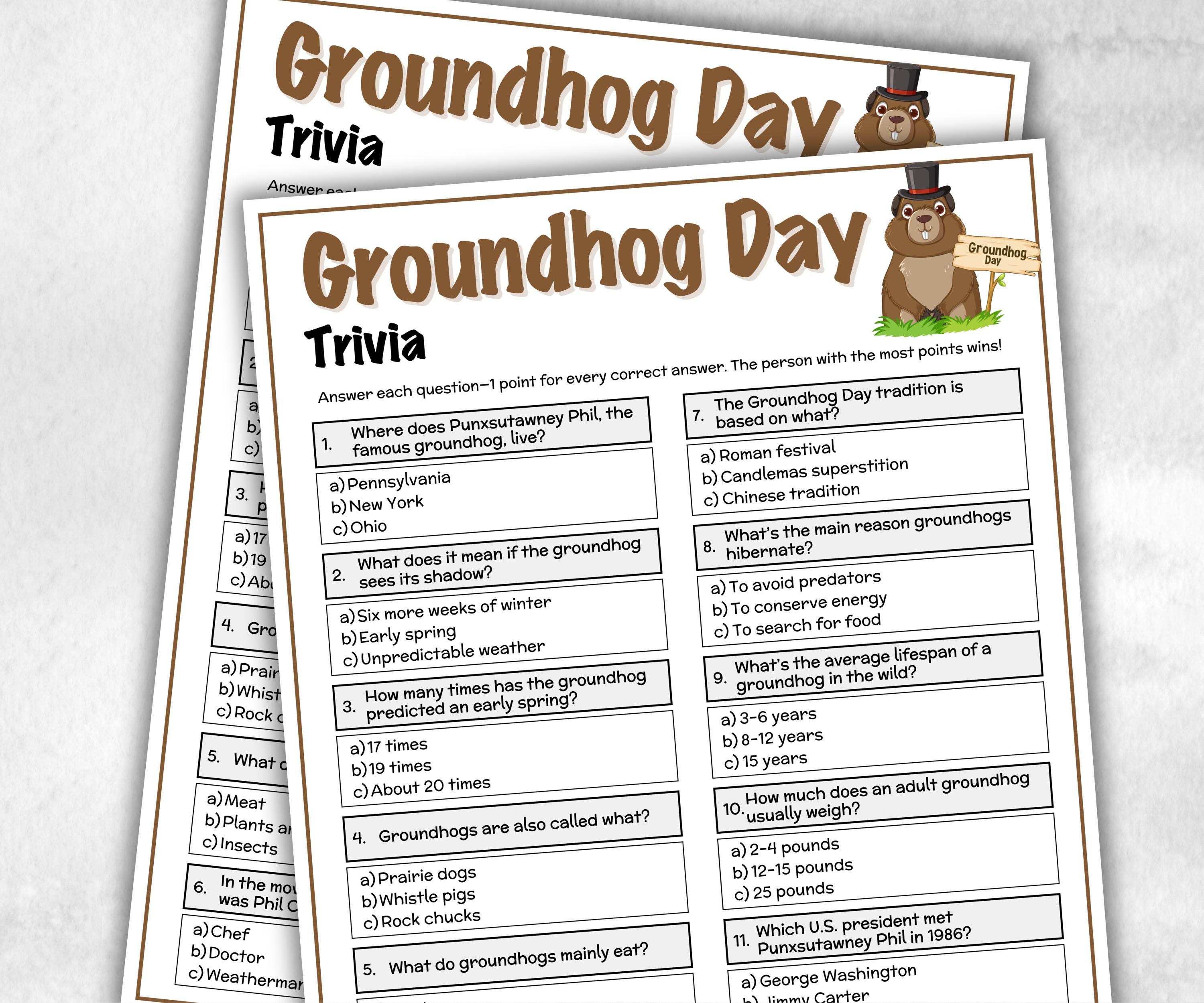Groundhog Day Trivia, Groundhog Day Party Games, Family Game Night, Punxsutawney Phil, Trivia Questions, Trivia Game Night, Games For Senior-Holidays -TheHustlingCatLady-Party Games