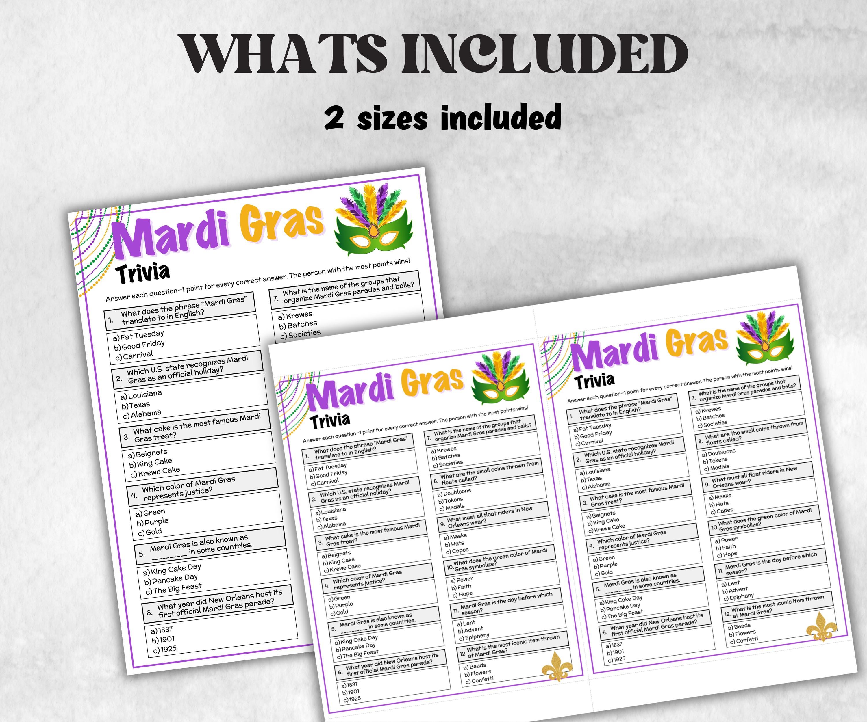Mardi Gras Trivia, Mardi Gras Party Printable, Activity For Adults, New Orleans Party, Family Game Night, Carnival Party Quiz, Fat Tuesday-Holidays -TheHustlingCatLady-Party Games