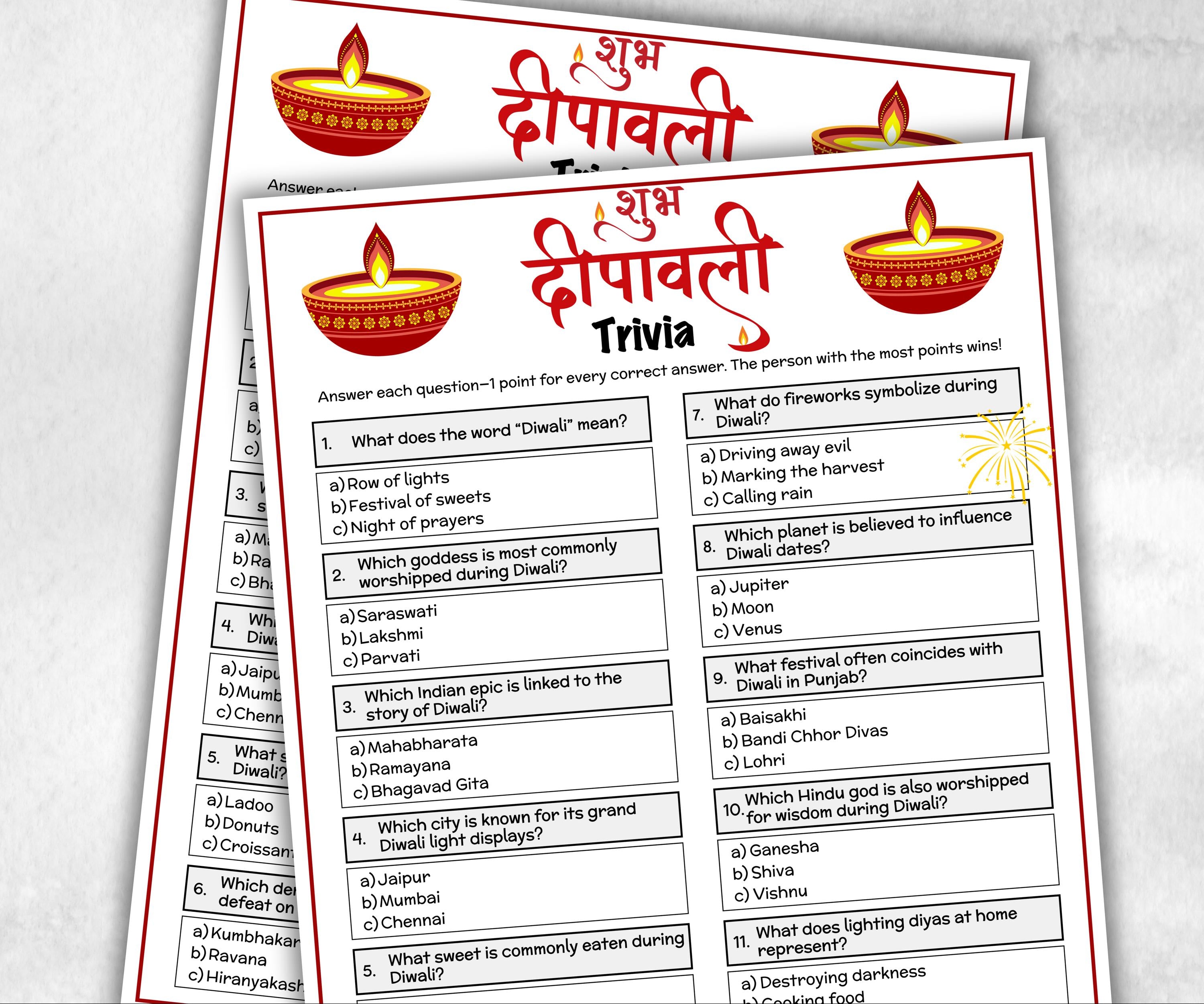 Diwali Trivia, Diwali Printable, Festival Of Lights, Indian Desi Party, Work Party, Diwali Game Adult, kid adult teen senior family activity-Holidays -TheHustlingCatLady-Party Games