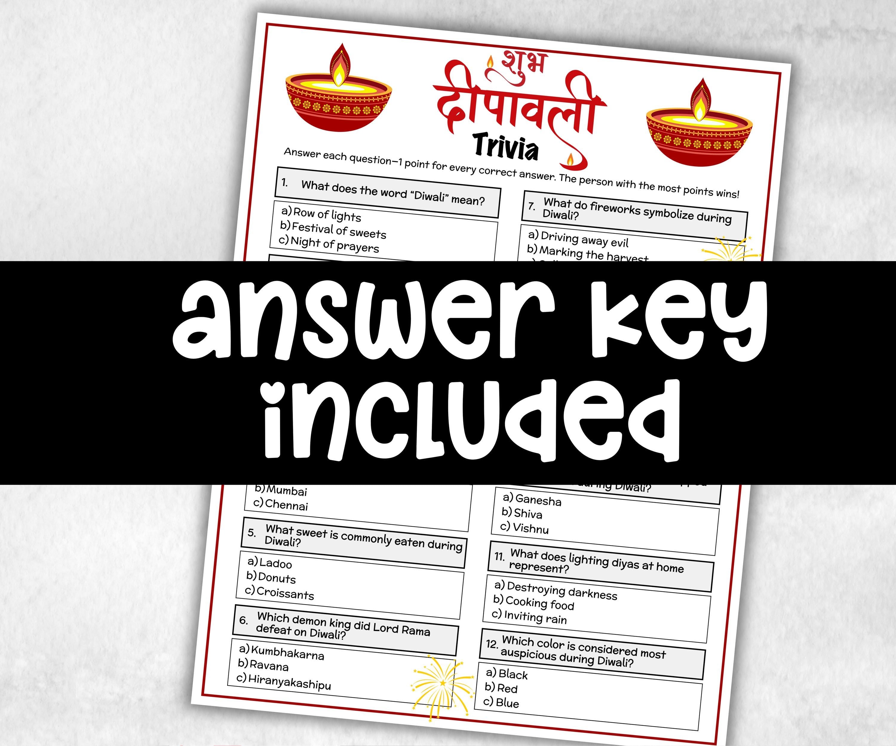 Diwali Trivia, Diwali Printable, Festival Of Lights, Indian Desi Party, Work Party, Diwali Game Adult, kid adult teen senior family activity-Holidays -TheHustlingCatLady-Party Games