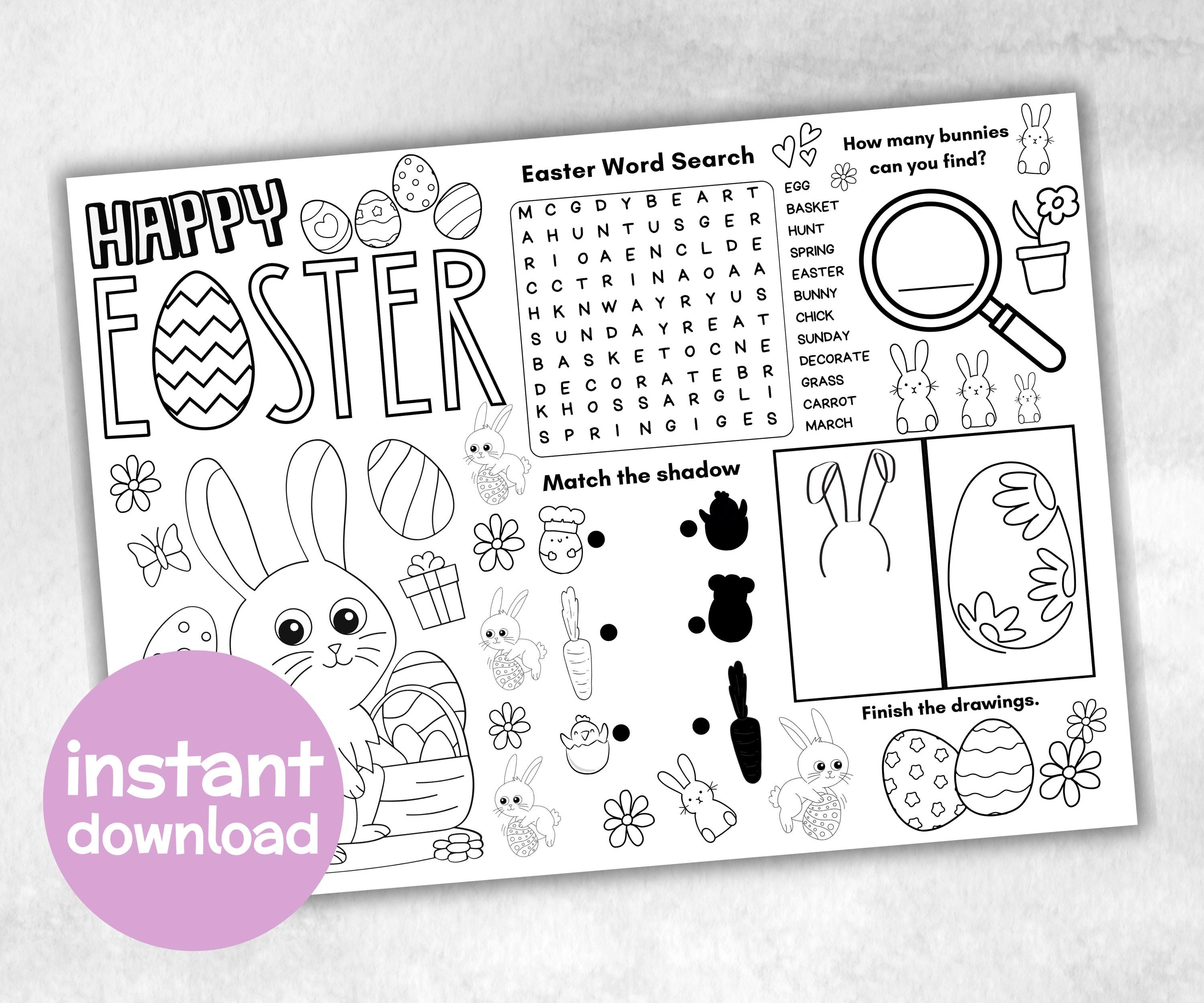 Easter Placemat, Activity Placemat, Easter Coloring Page, Kids Easter party, Christian Easter, Easter Worksheet, Table Decor, activity page-Holidays -TheHustlingCatLady-Party Games