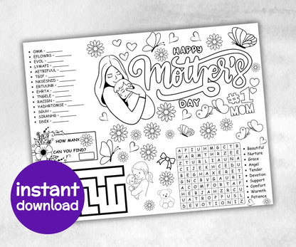 Mothers Day Placemat, Activity Placemat, Coloring Placemat, Gifts For Mom, All About My Mom, Activity Sheet, Mothers Day Craft, keepsake-Holidays -TheHustlingCatLady-Party Games
