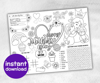 Mothers Day Placemat, Activity Placemat, Coloring Placemat, Gifts For Mom, All About My Mom, Activity Sheet, Mothers Day Craft, keepsake-Holidays -TheHustlingCatLady-Party Games